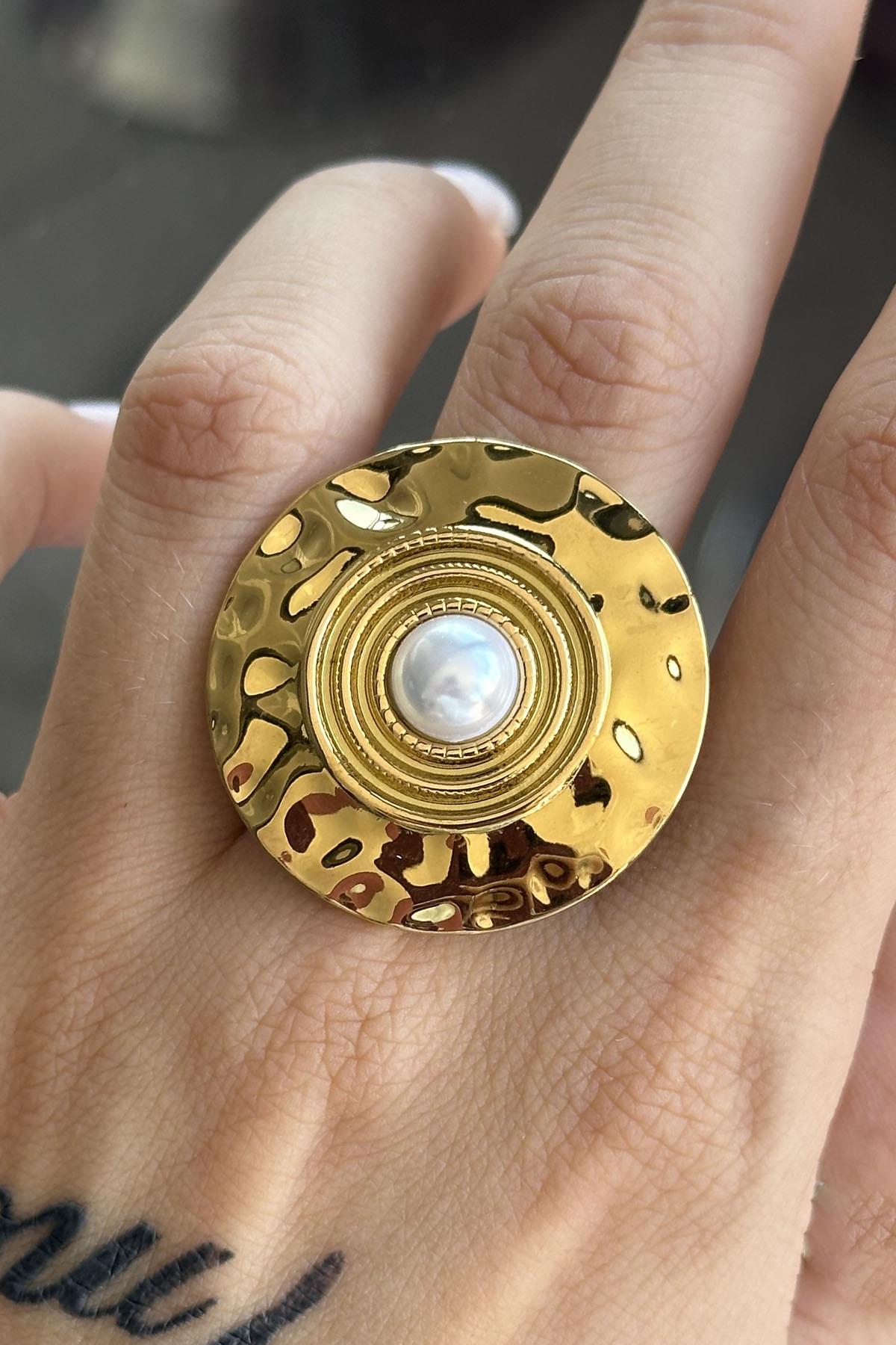 Altın Renk İnci Detaylı Ayarlanabilir Çelik Yüzük