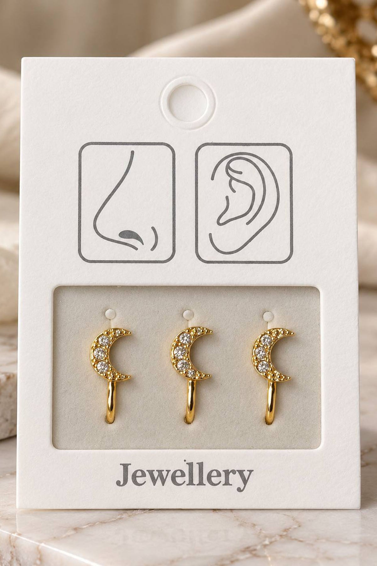Altın Renk Ay Figürlü Deliksiz Kulak/Burun 3'lü Piercing Set