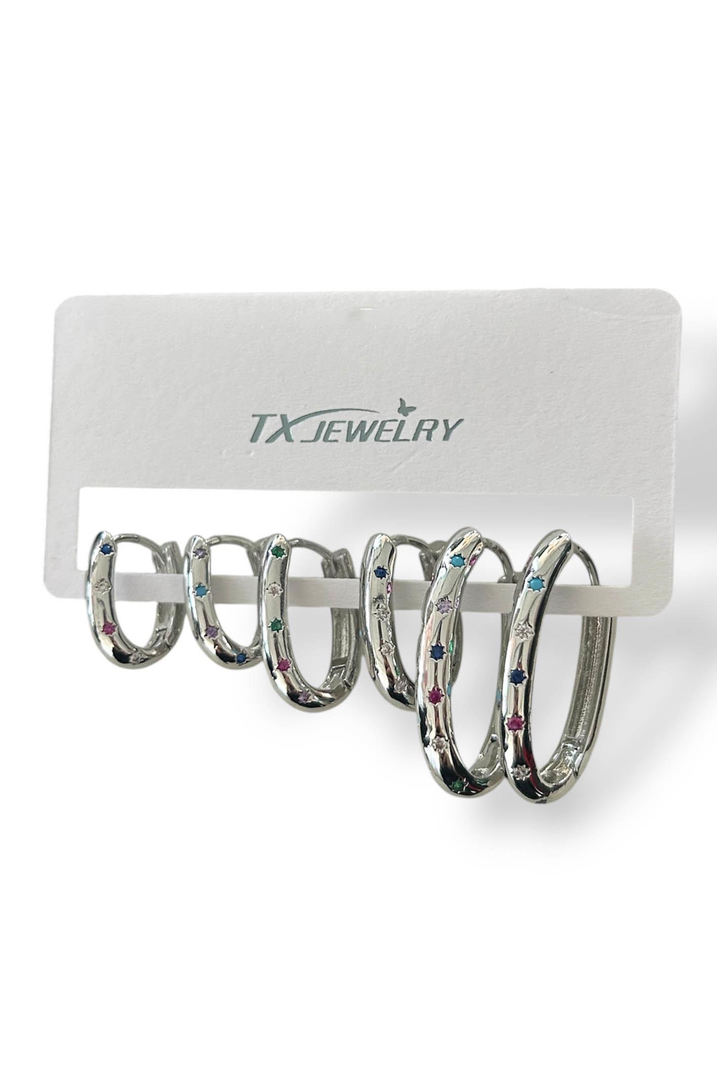 6'lı Gümüş Renk Taş Detaylı 14K Altın Kaplama TX Küpe Set