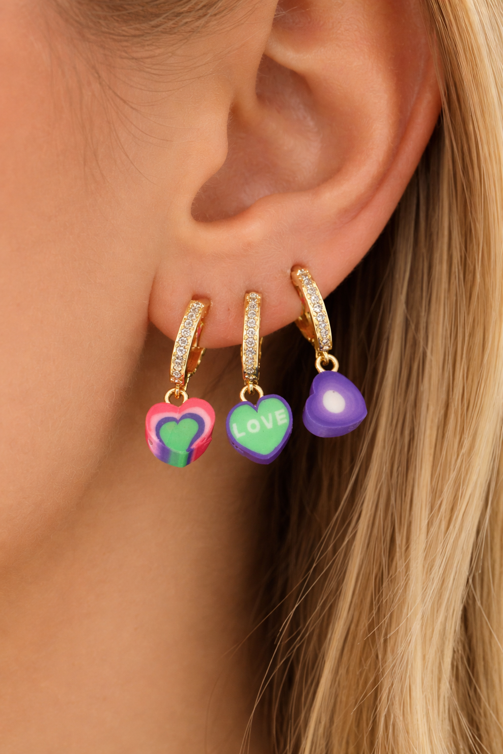 3'lü Altın Renk Kalp Figürlü 14K Altın Kaplama TX Küpe