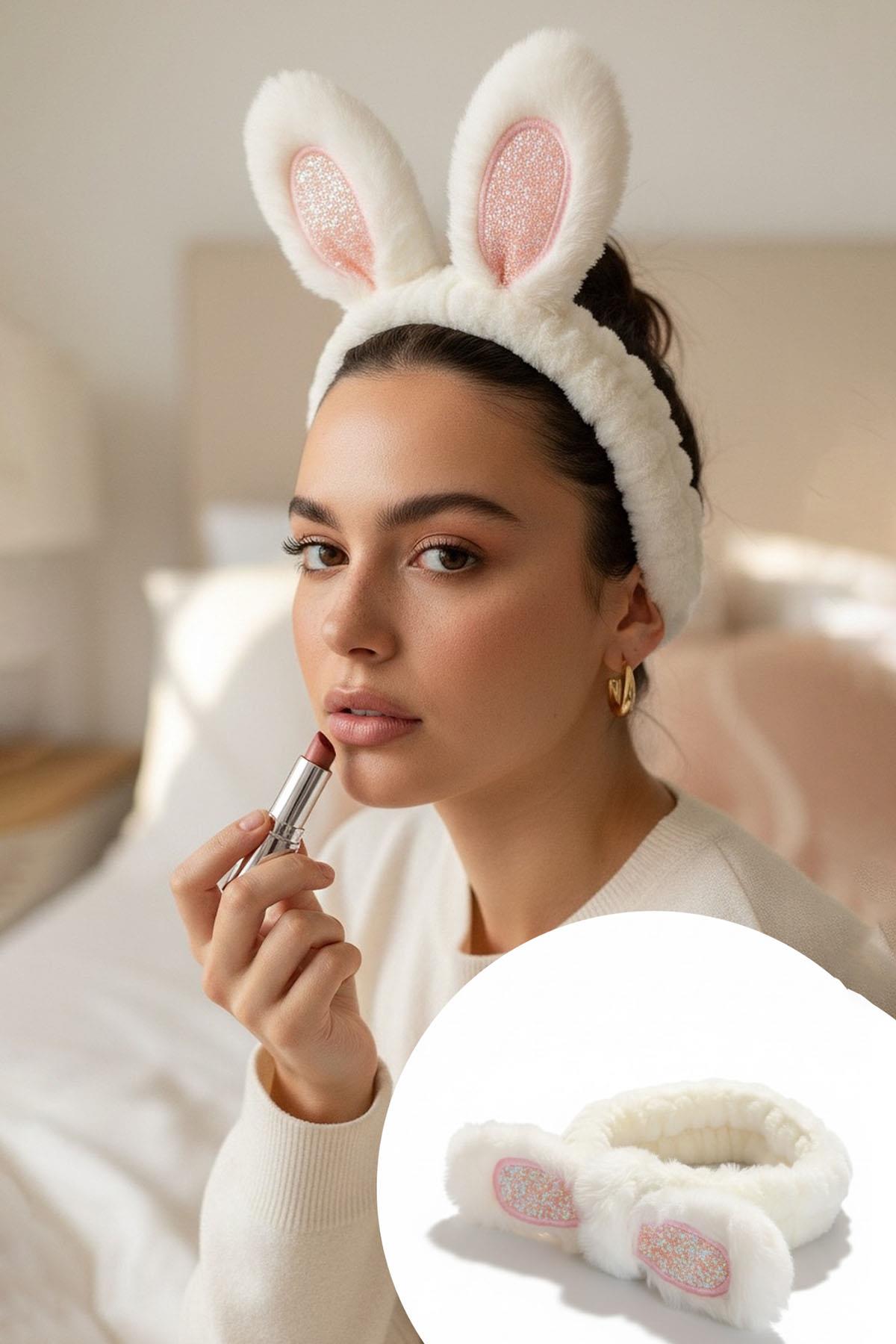 Beyaz Renk Kulak Detaylı Peluş Saç Bandı