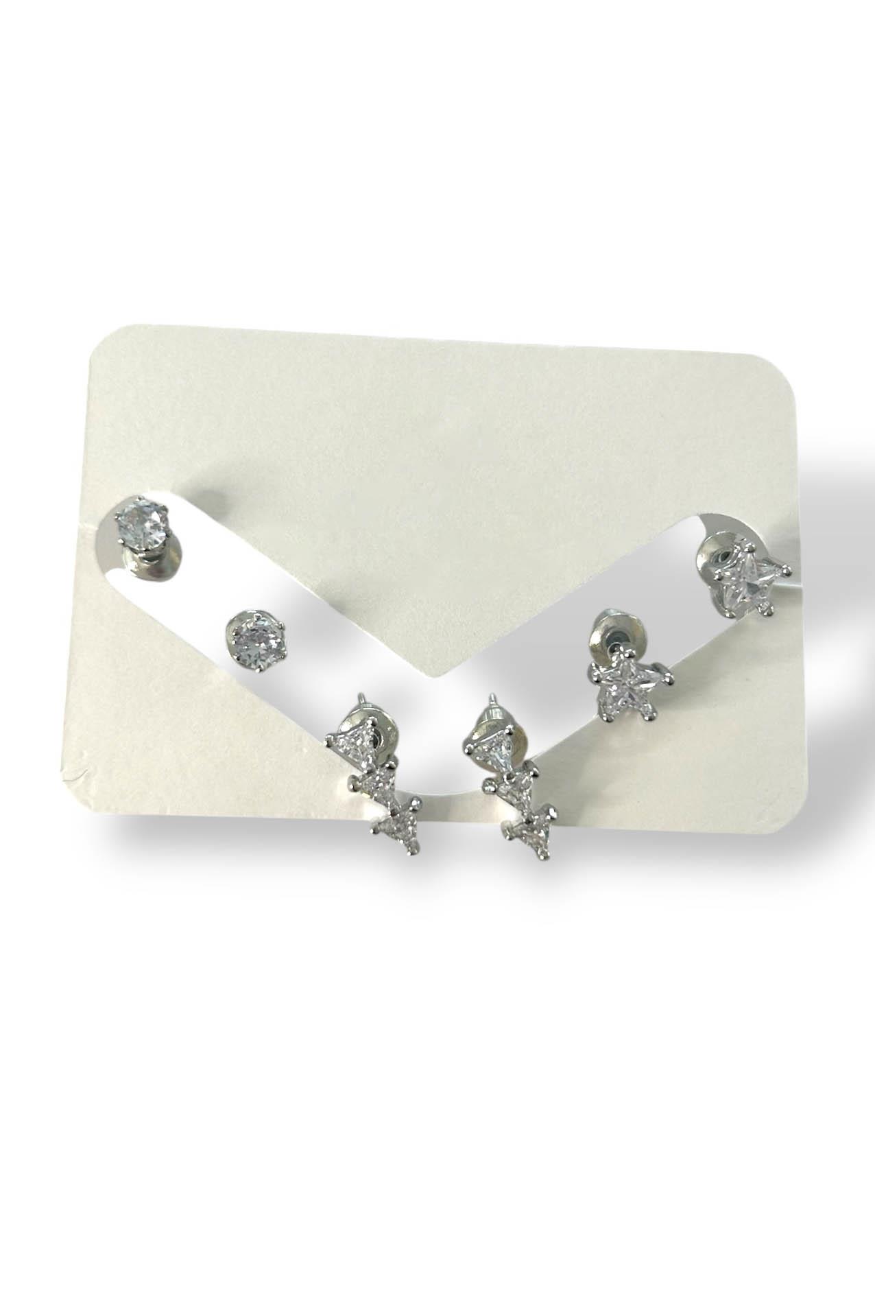 Gümüş Renk Taş Detaylı 6'lı Küpe Set