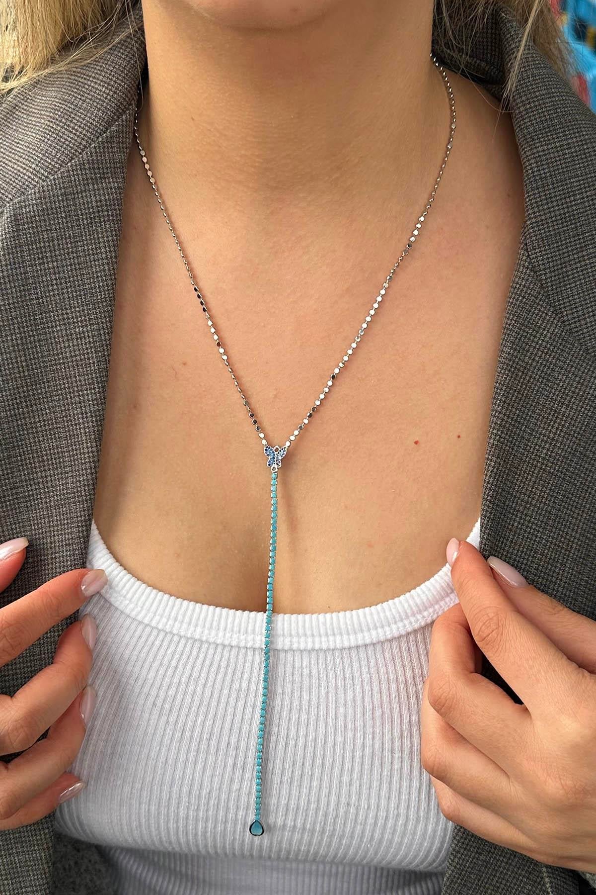 Gümüş Renk Kelebek Figürlü 14K Altın Kaplama VİP Y Kolye