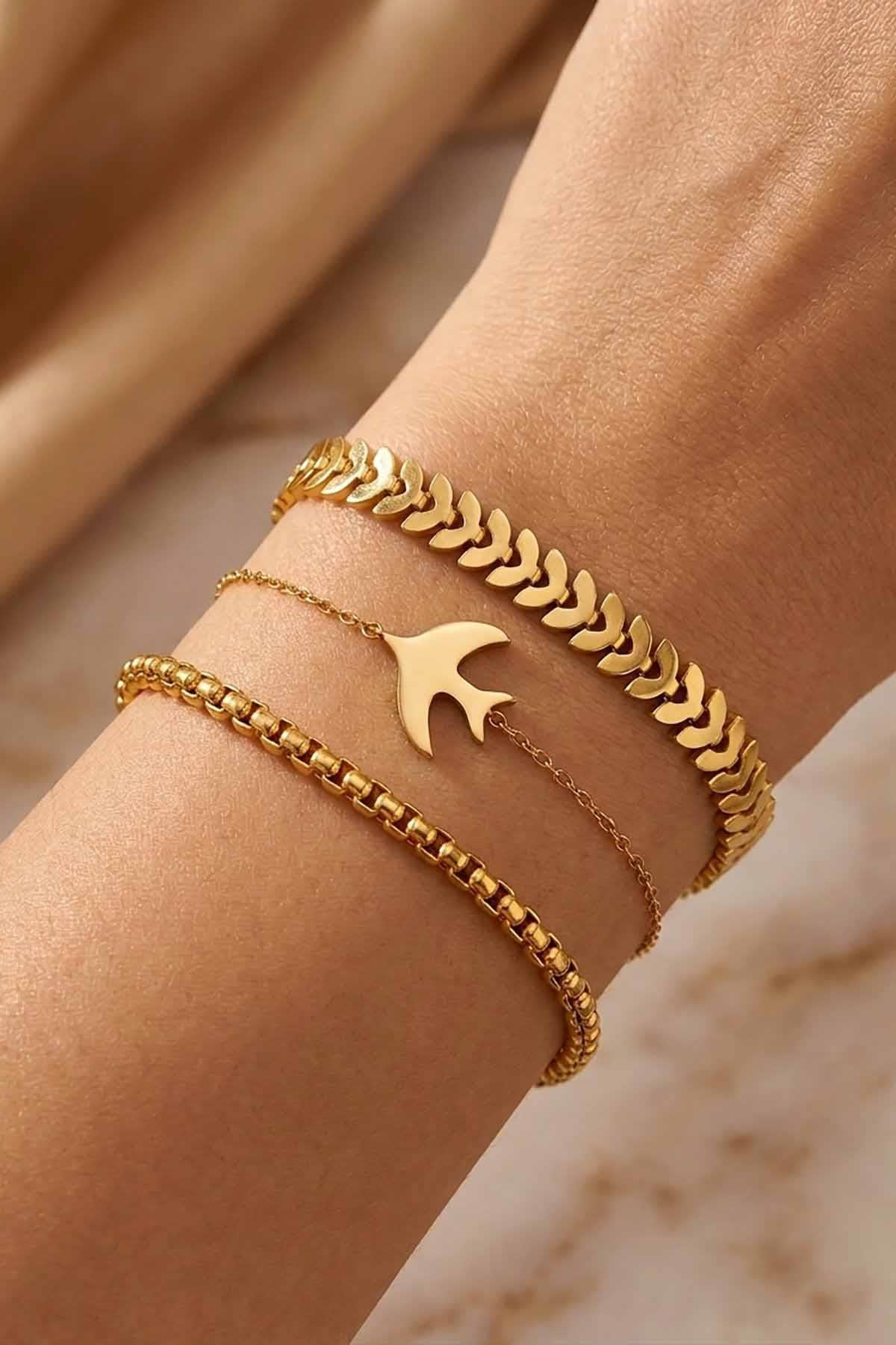 Altın Renk Kuş Figürlü 3'lü Çelik Bileklik