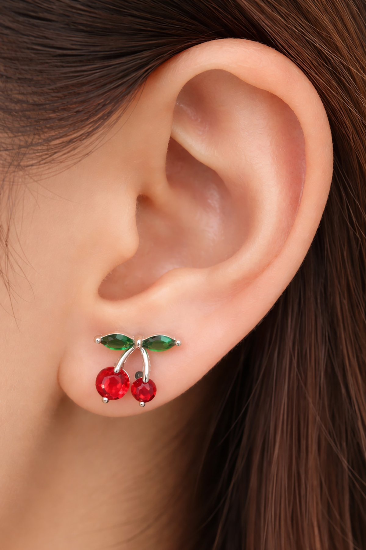 Gümüş Renk Kiraz Figürlü Taş Detaylı Çelik Xupıng VİP Küpe