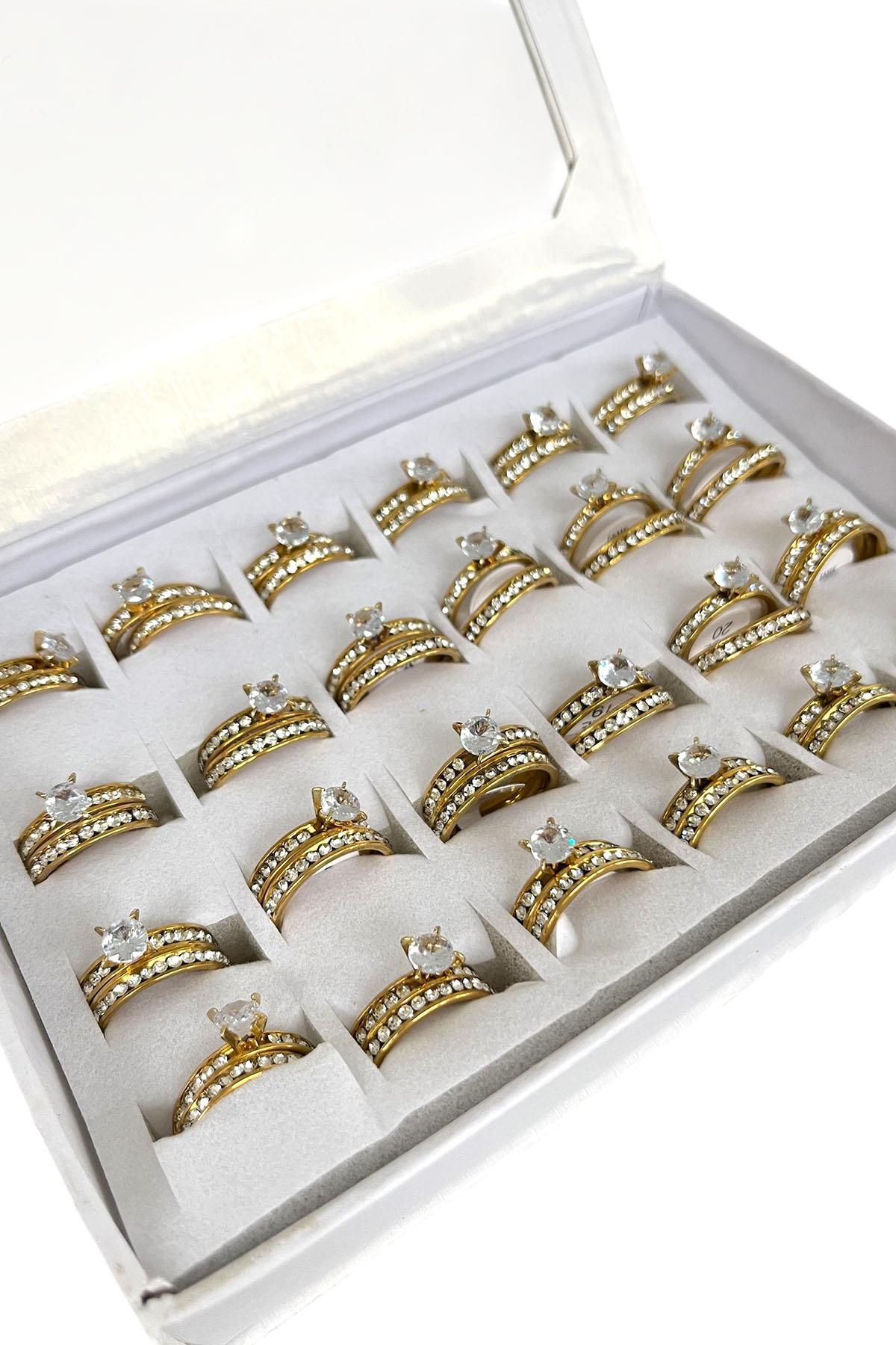 24'lü Altın Renk Çelik Numaralı Tektaş Alyans Set