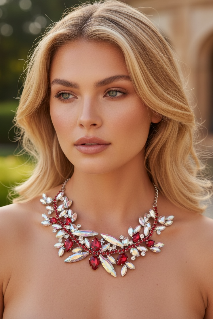 Gümüş Renk Kırmızı Taş Detaylı Tasarım Abiye Kolye