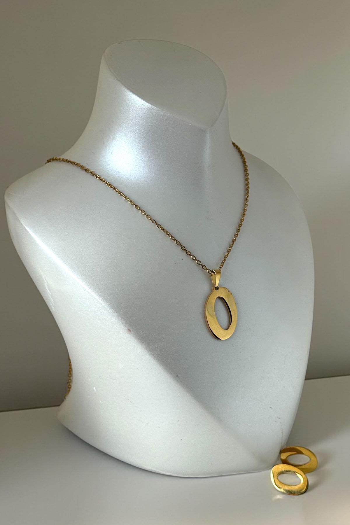 Altın Renk O Harfli Çelik Kolye Set