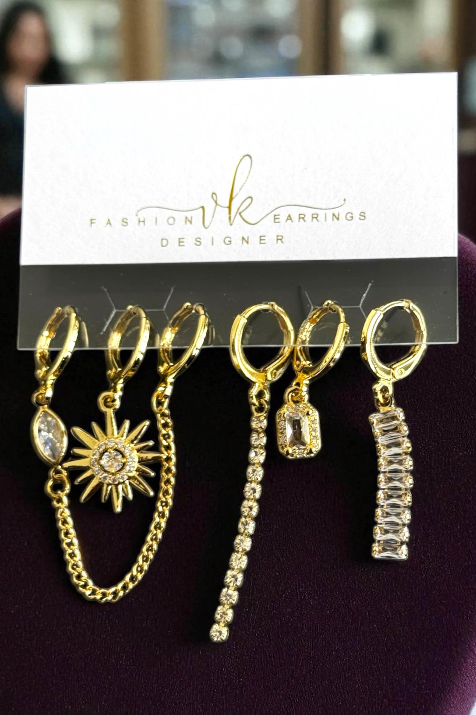 6'lı Altın Renk Taş Detaylı Küpe Set