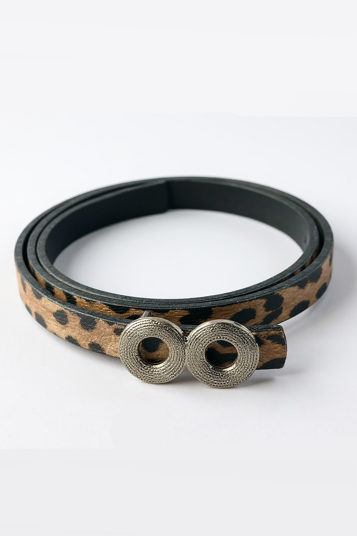 Gümüş Renk Leopar Desenli Kadın Deri Kemer