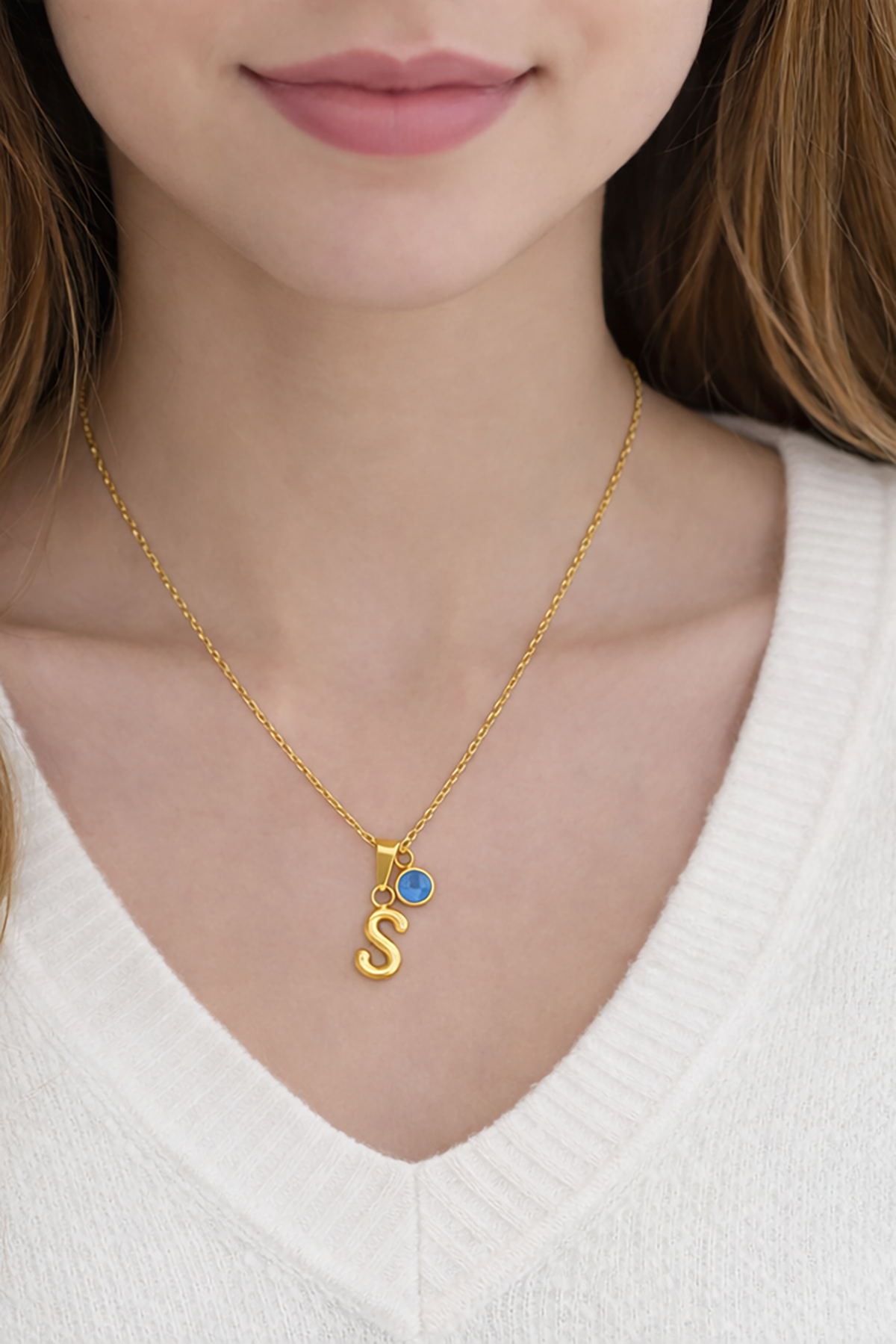 Altın Renk S Harfli Nazar Boncuk Detaylı Çelik Kolye