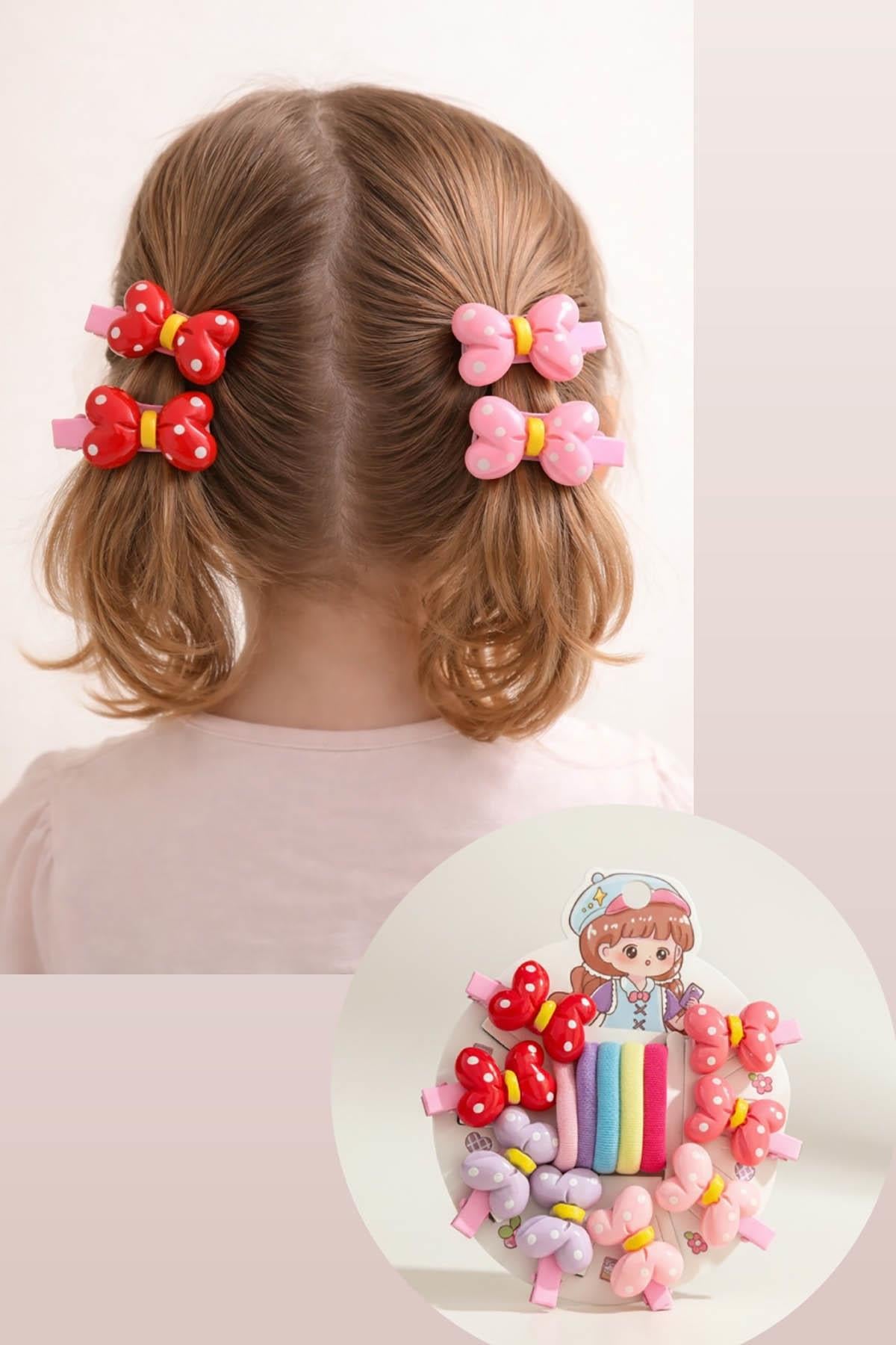 Karışık Renk Kurdele Figürlü Yan Toka Ve Lastik Toka Set