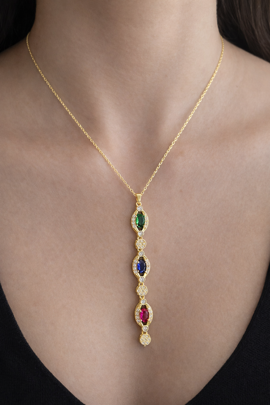 Altın Renk Taşlı 14K Altın Kaplama Y Kolye