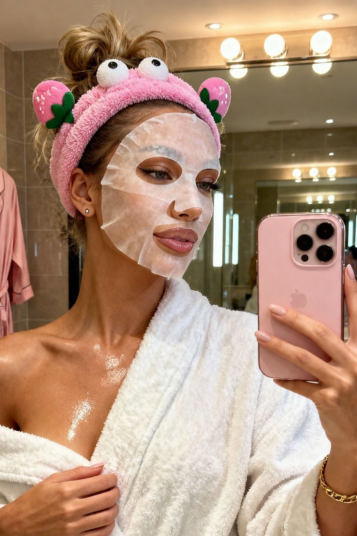 Pembe  Renk Çilek Ve Göz  Figürlü Peluş Saç Bandı
