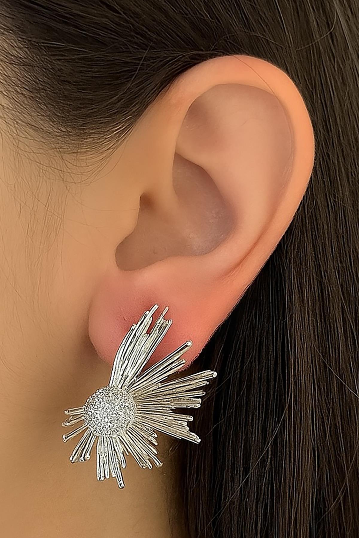 Gümüş Renk Taş Detaylı Küpe (Çift)