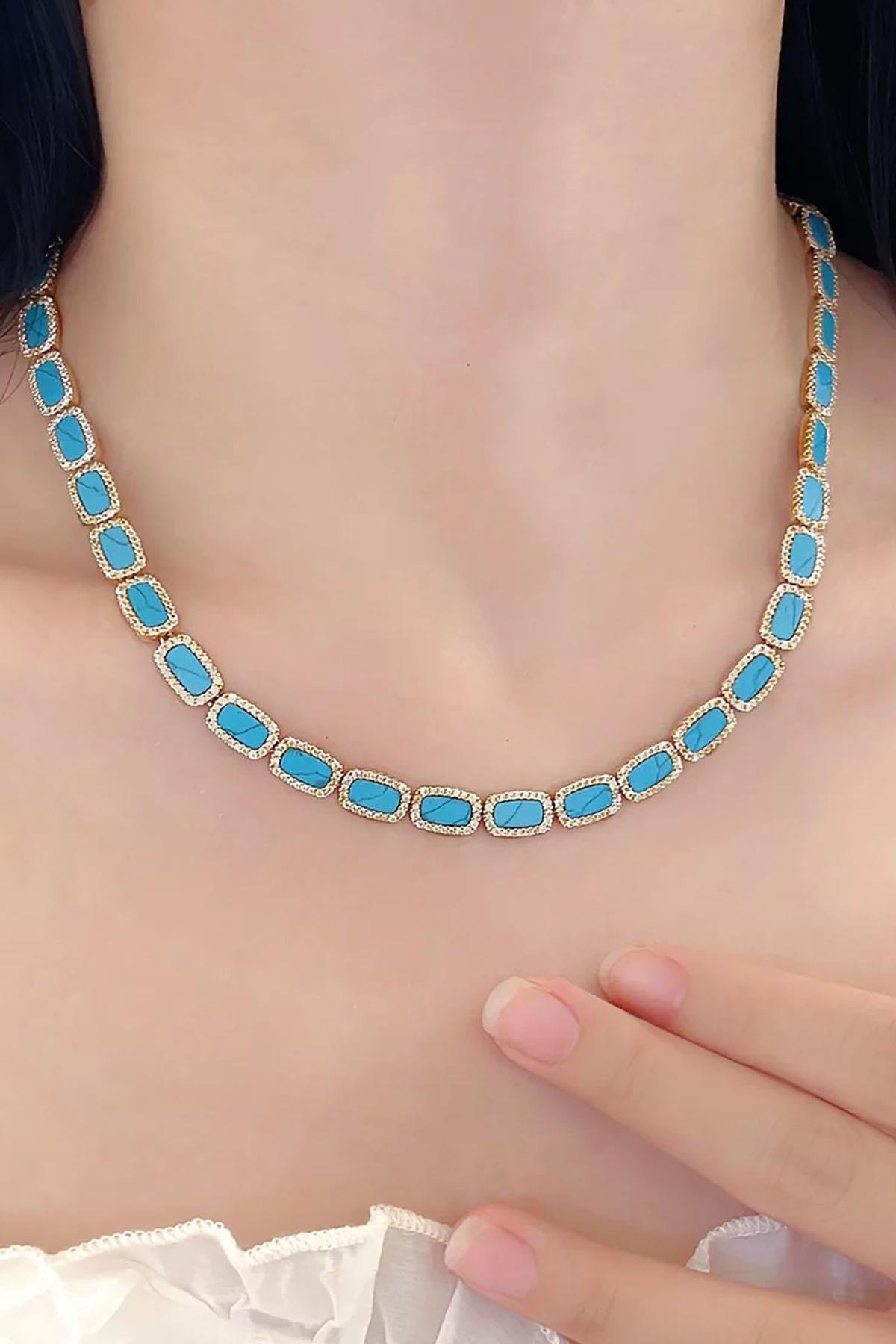 Altın Ve Mavi Renk 14K Altın Kaplama VİP Kolye