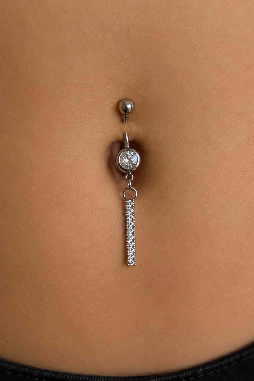 Gümüş Renk Taşlı Sallantılı Cerrahi Çelik Göbek Piercing