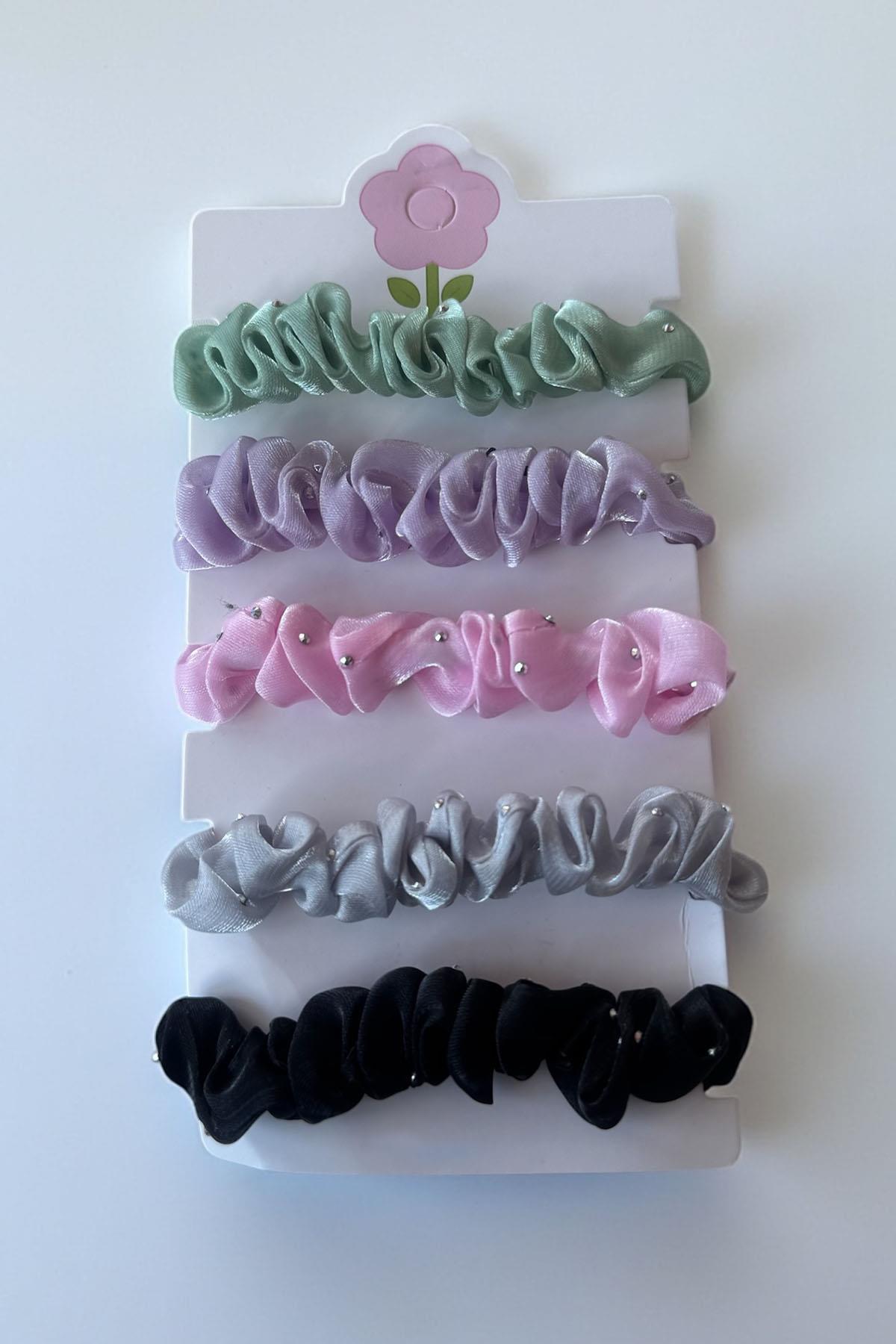 5'li Karışık Renk Taş Detaylı Lastik Toka Set