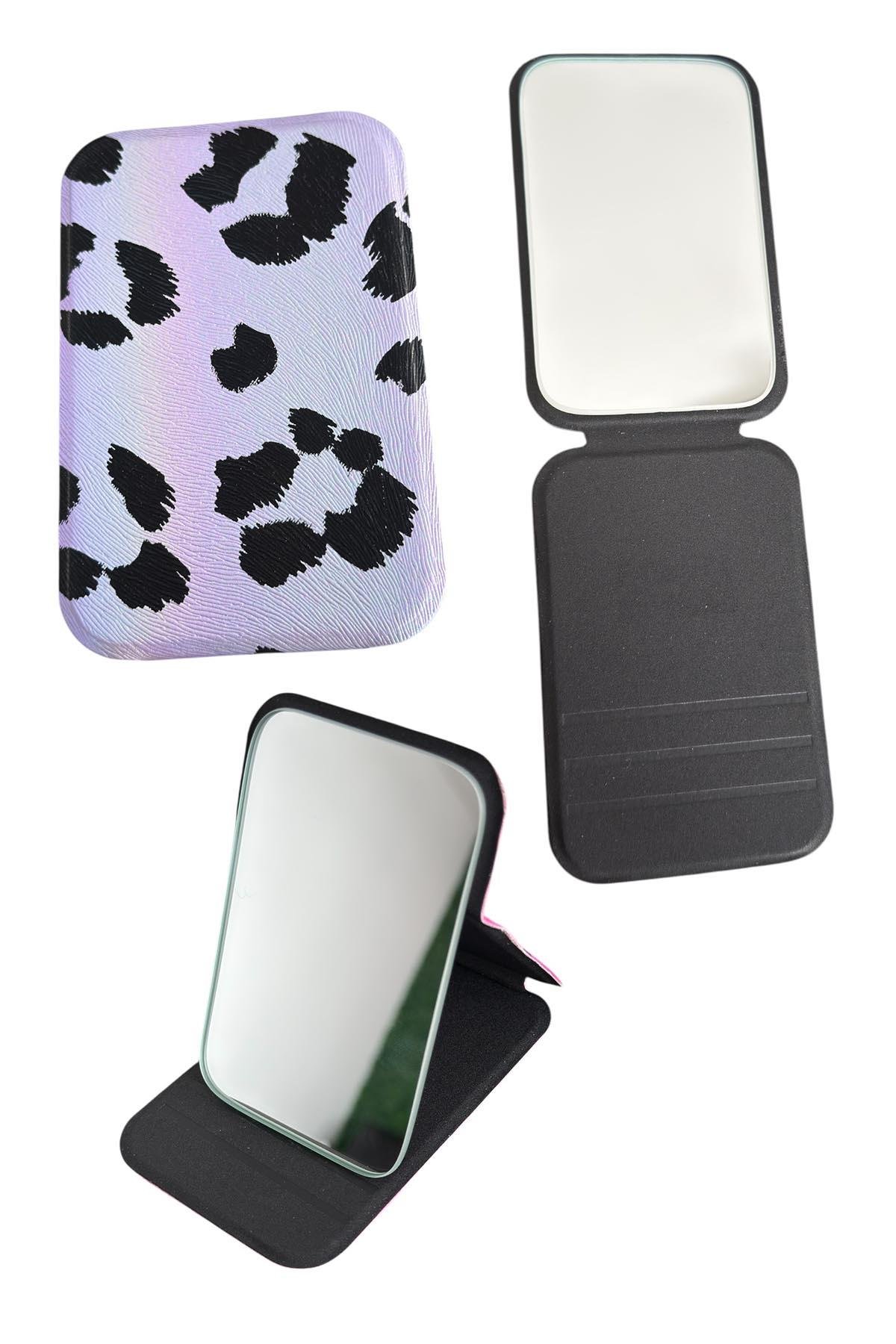 Mor Renk leopar Desenli Küçük Boy Katlanabilir Makyaj Aynası