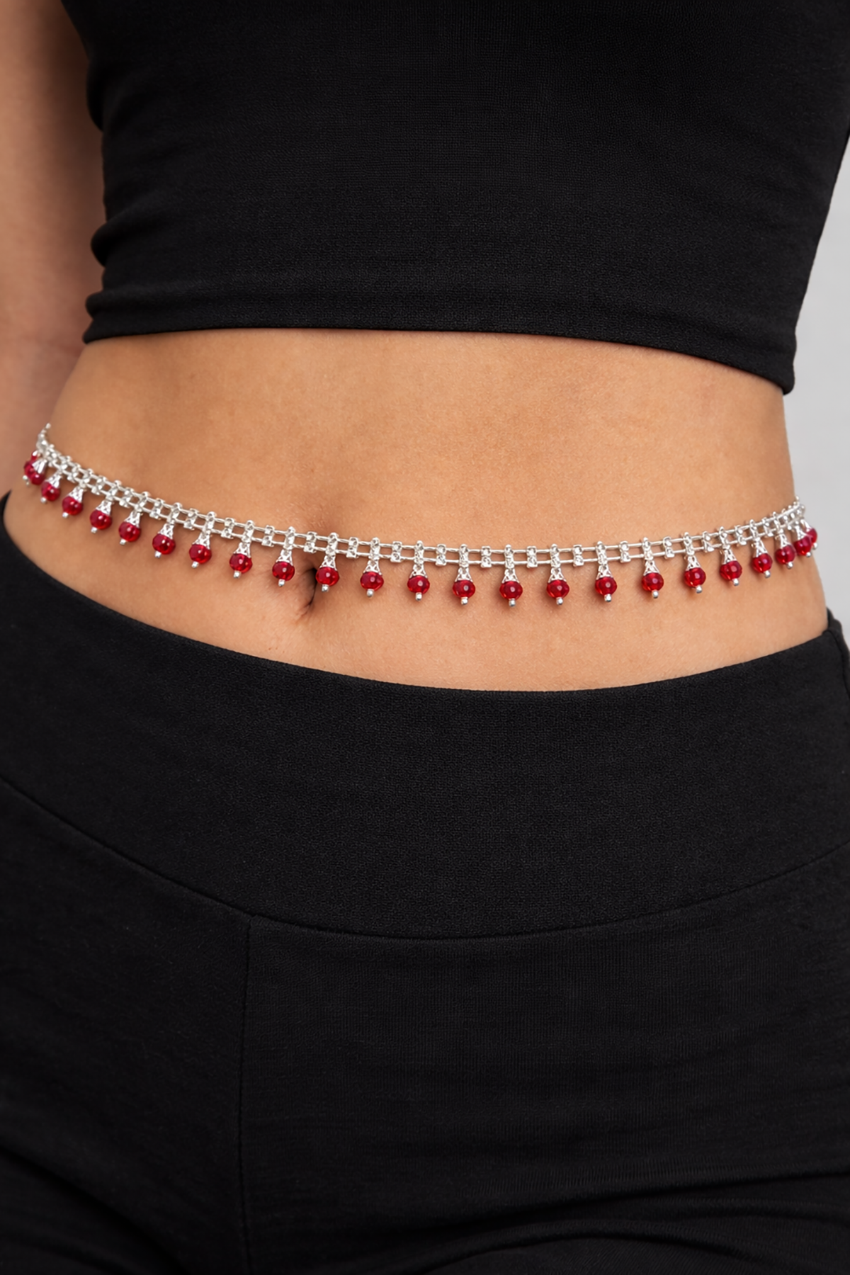 Gümüş Renk Kırmızı Taş Detaylı Tasarım Bel Zinciri/Vücut Aksesuar