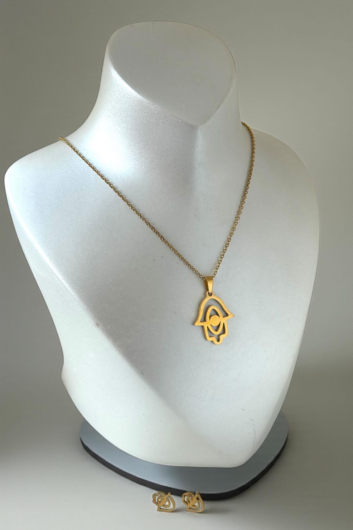 Altın Renk El Figürlü Çelik Kolye Set