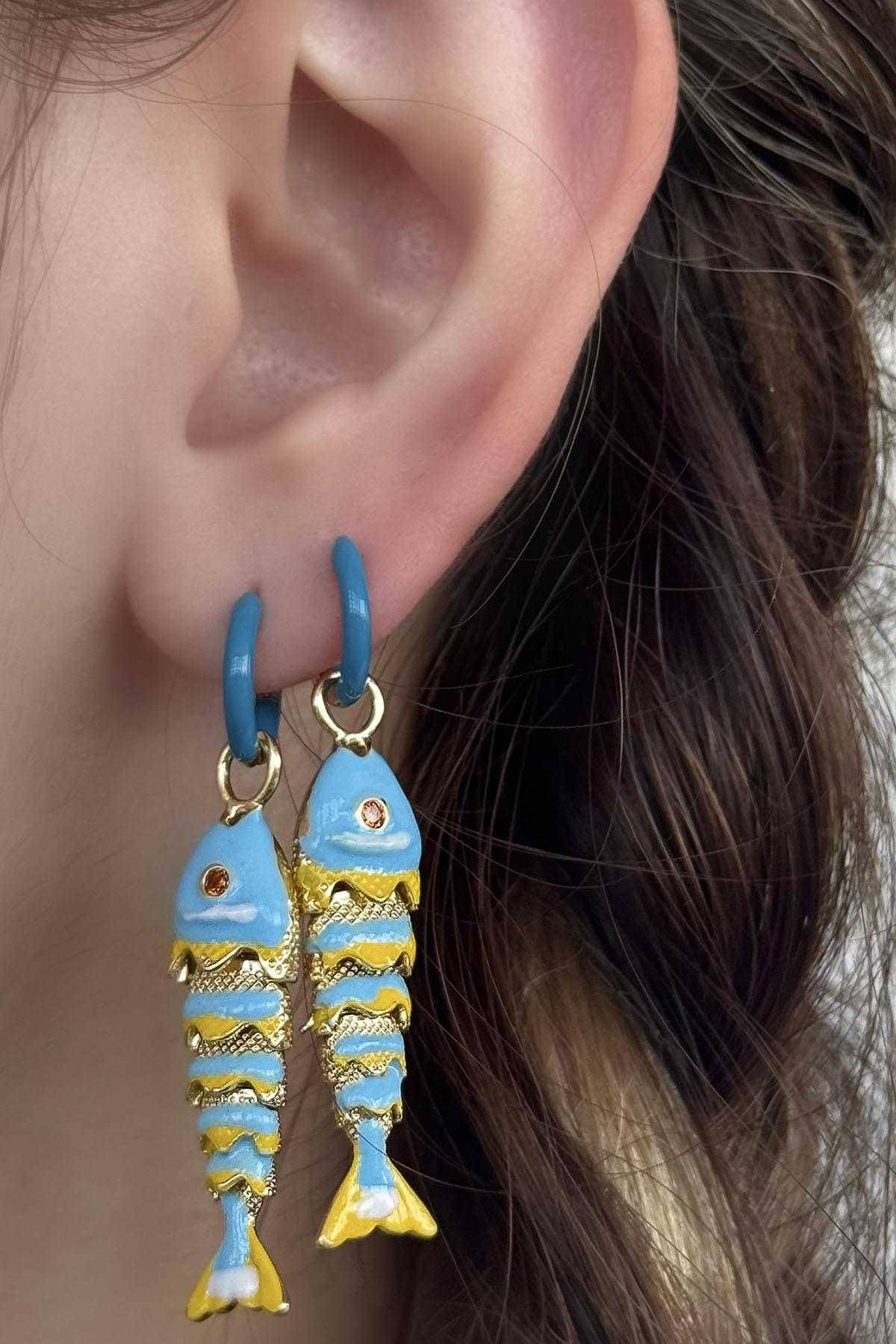 Altın Ve Mavi Renk Balık Figürlü Küpe (Çift)