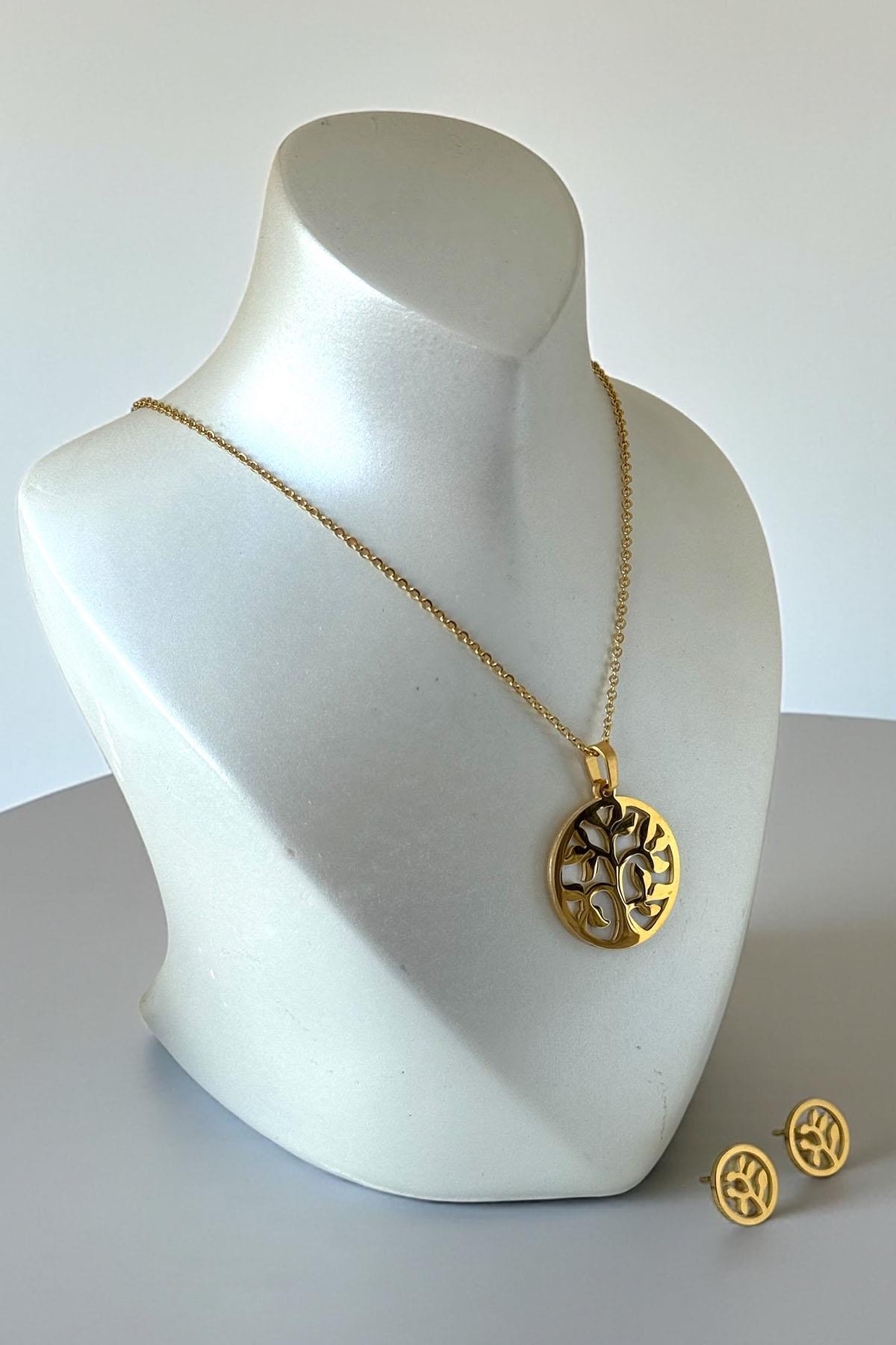 Altın Renk Hayat Ağacı Figürlüv Çelik Kolye Set