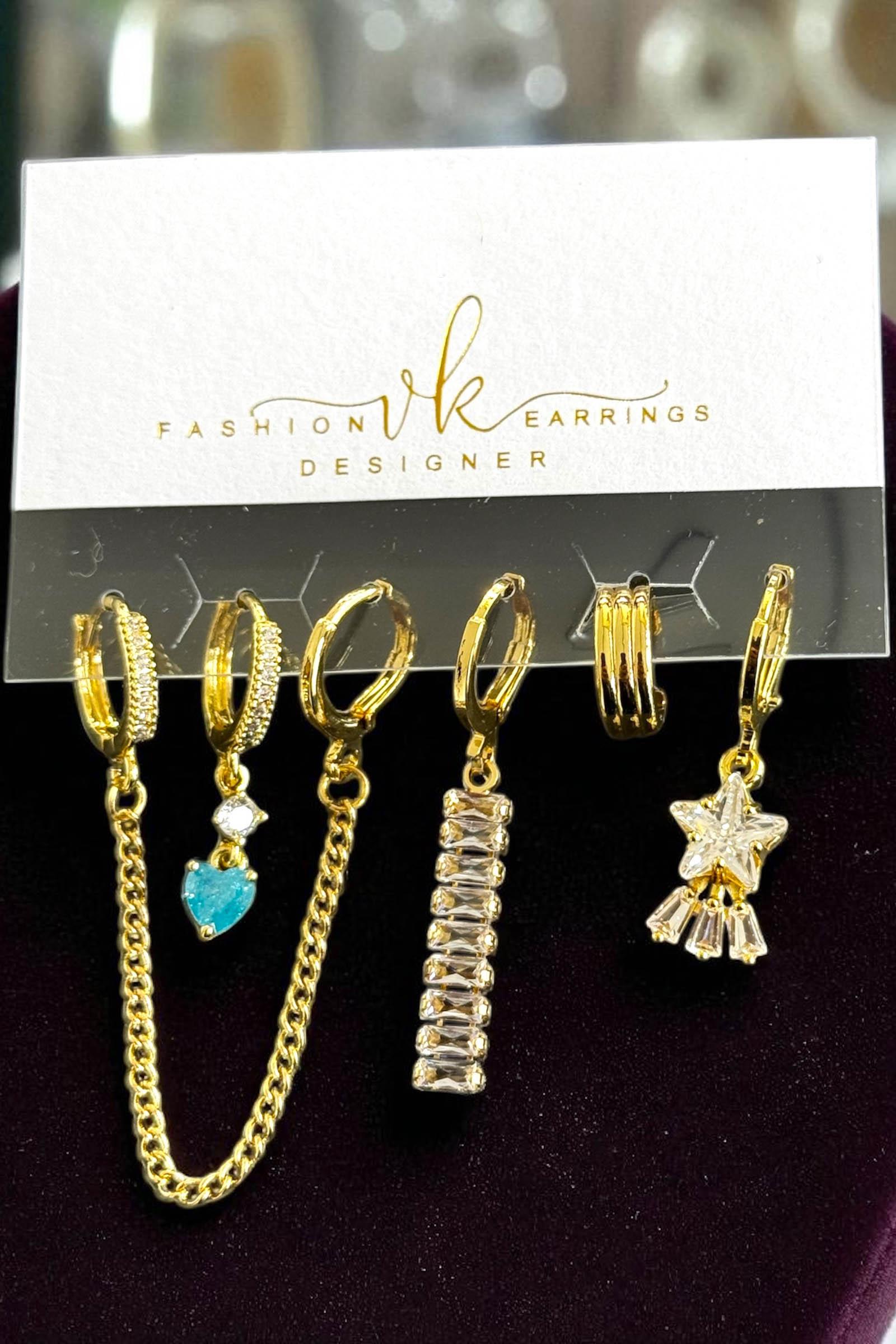 6'lı Altın Renk Taş Detaylı Küpe Set