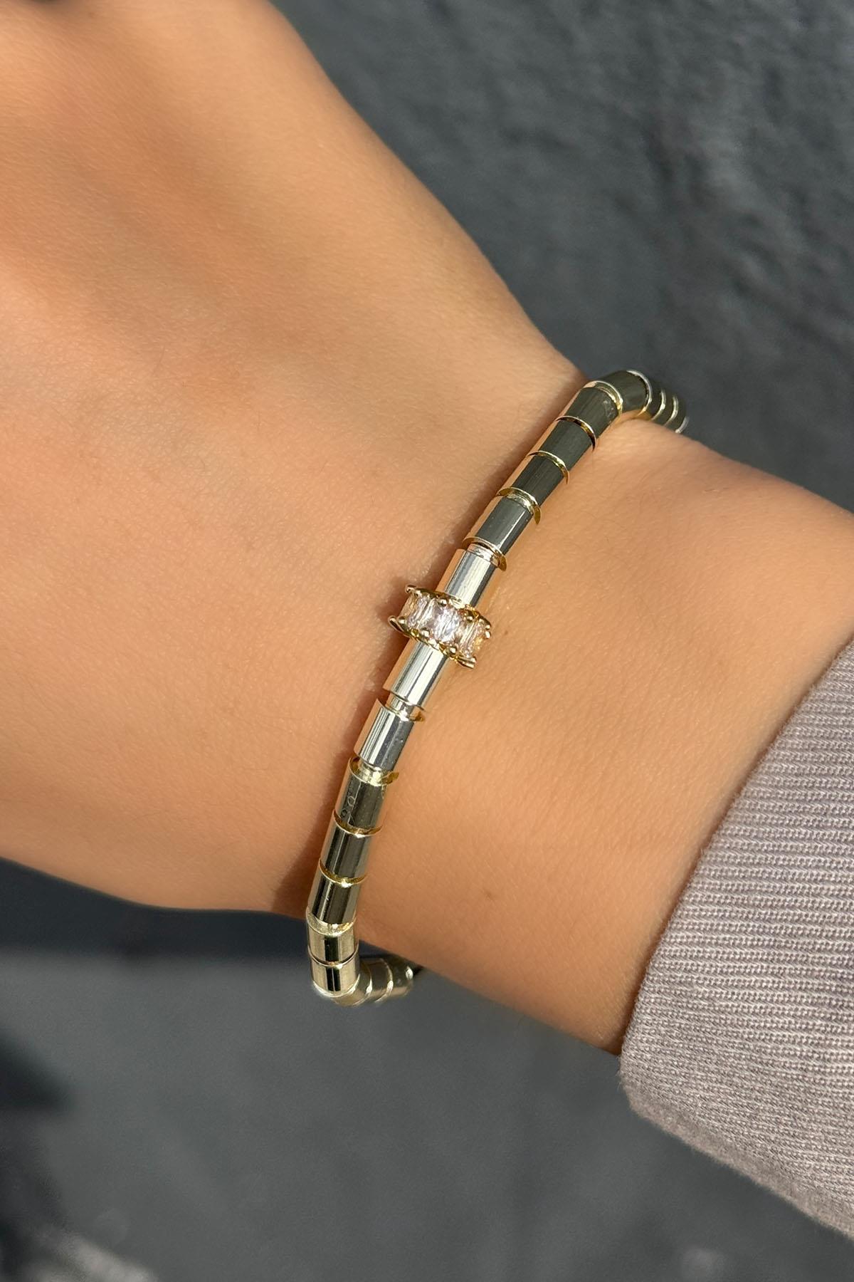 Altın Renk Taş Detaylı 14K Altın Kaplama Bileklik