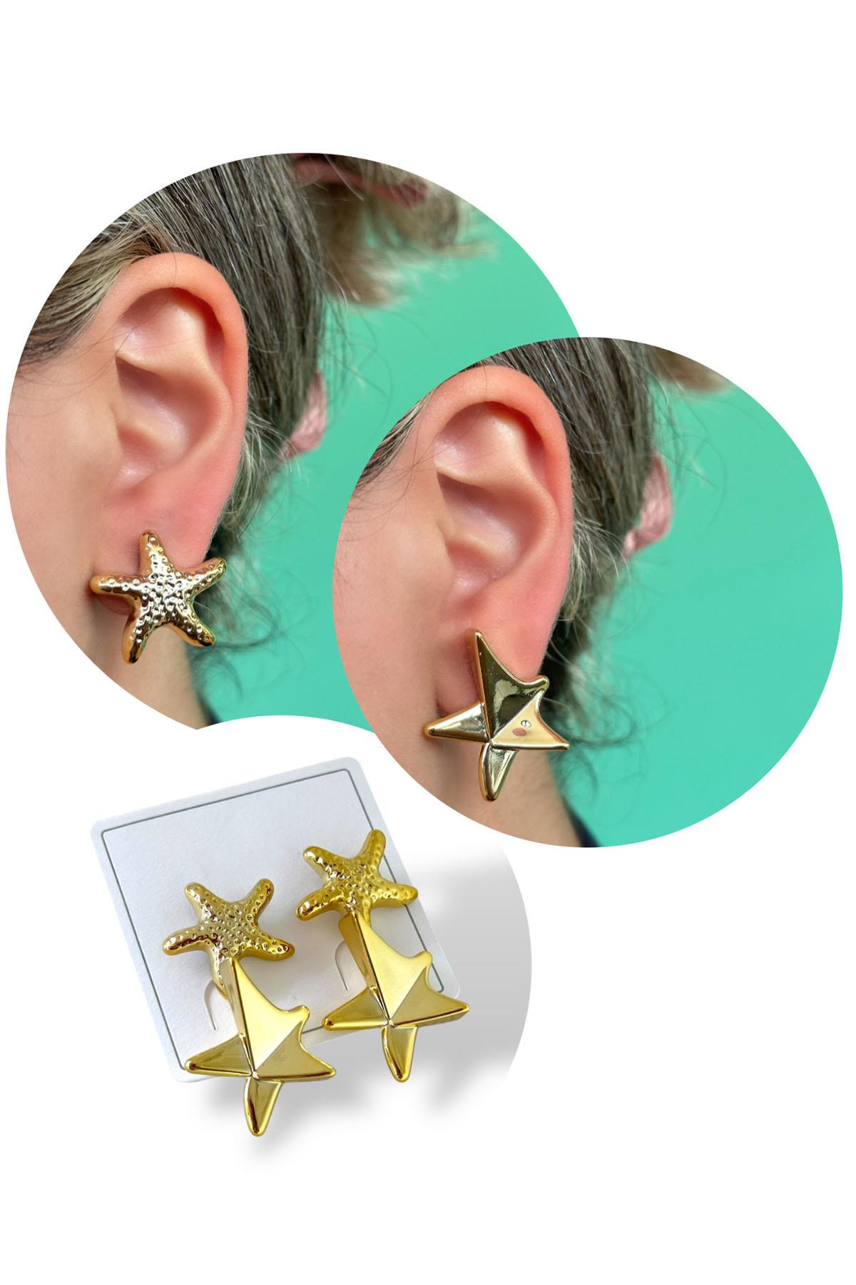 Altın Renk Yıldız Figürlü Küpe Set