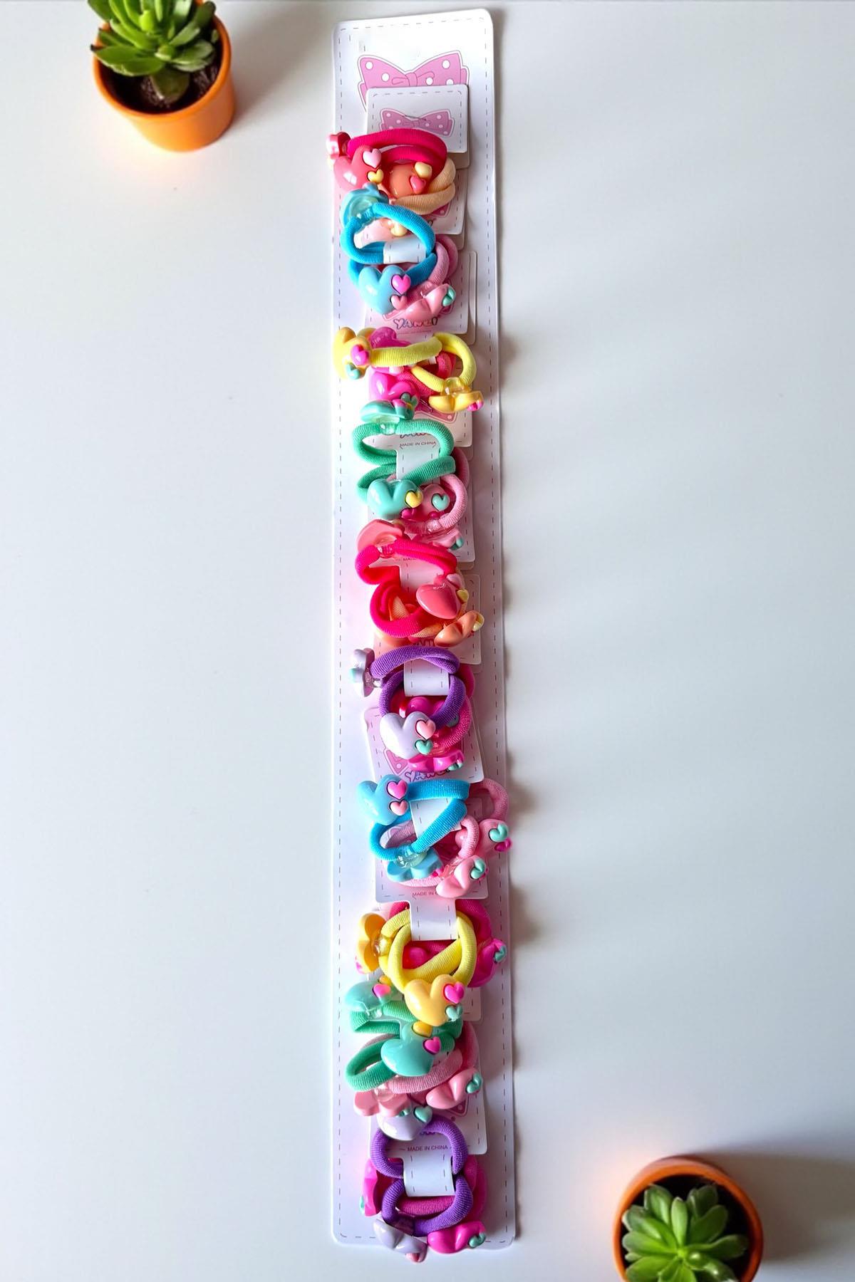 10'lu Karışık Renk Kalp Figürlü Lastik Toka Set