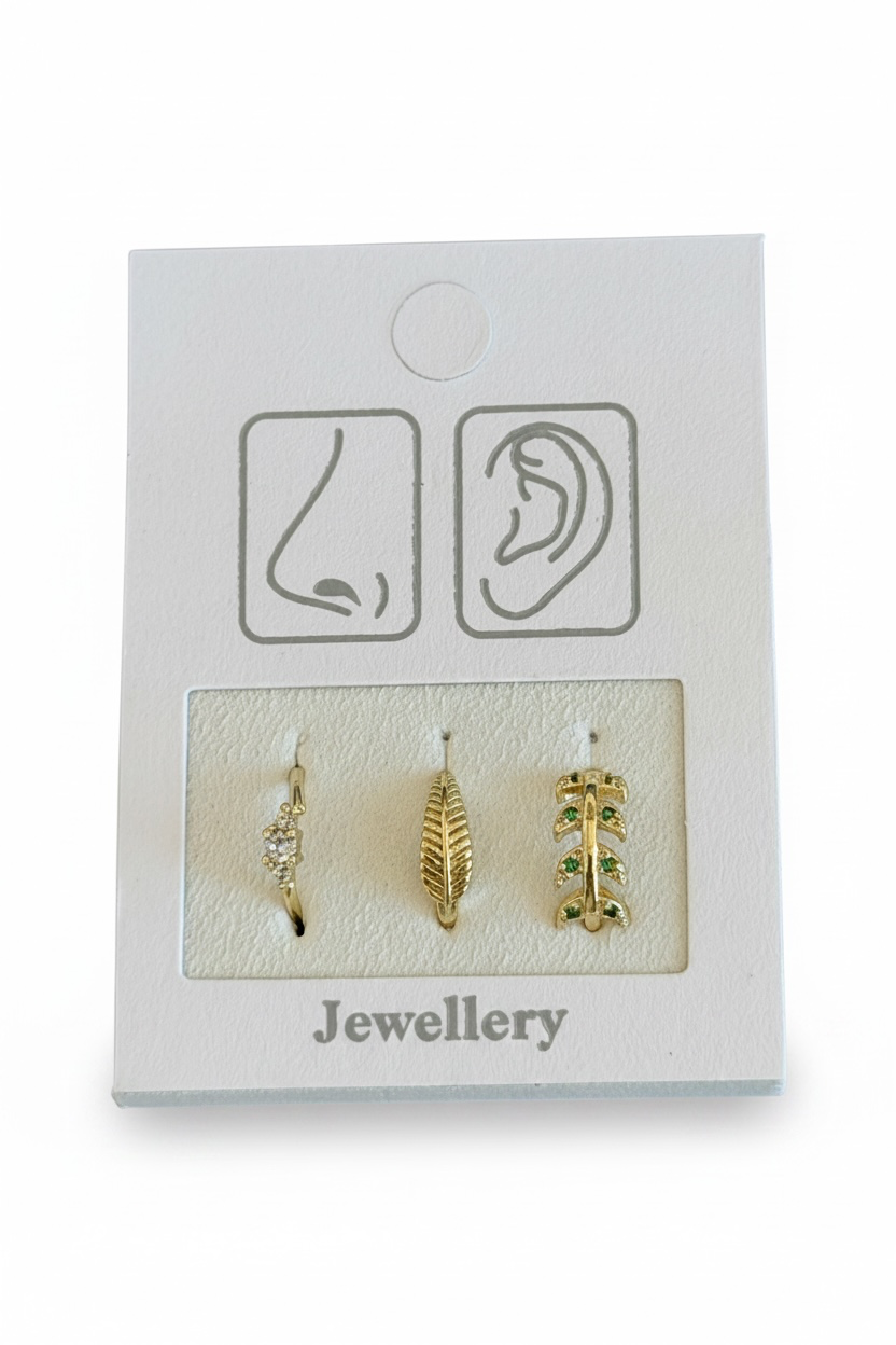 Altın Renk Karışık Figürlü Deliksiz Kulak/Burun 3'lü Piercing Set