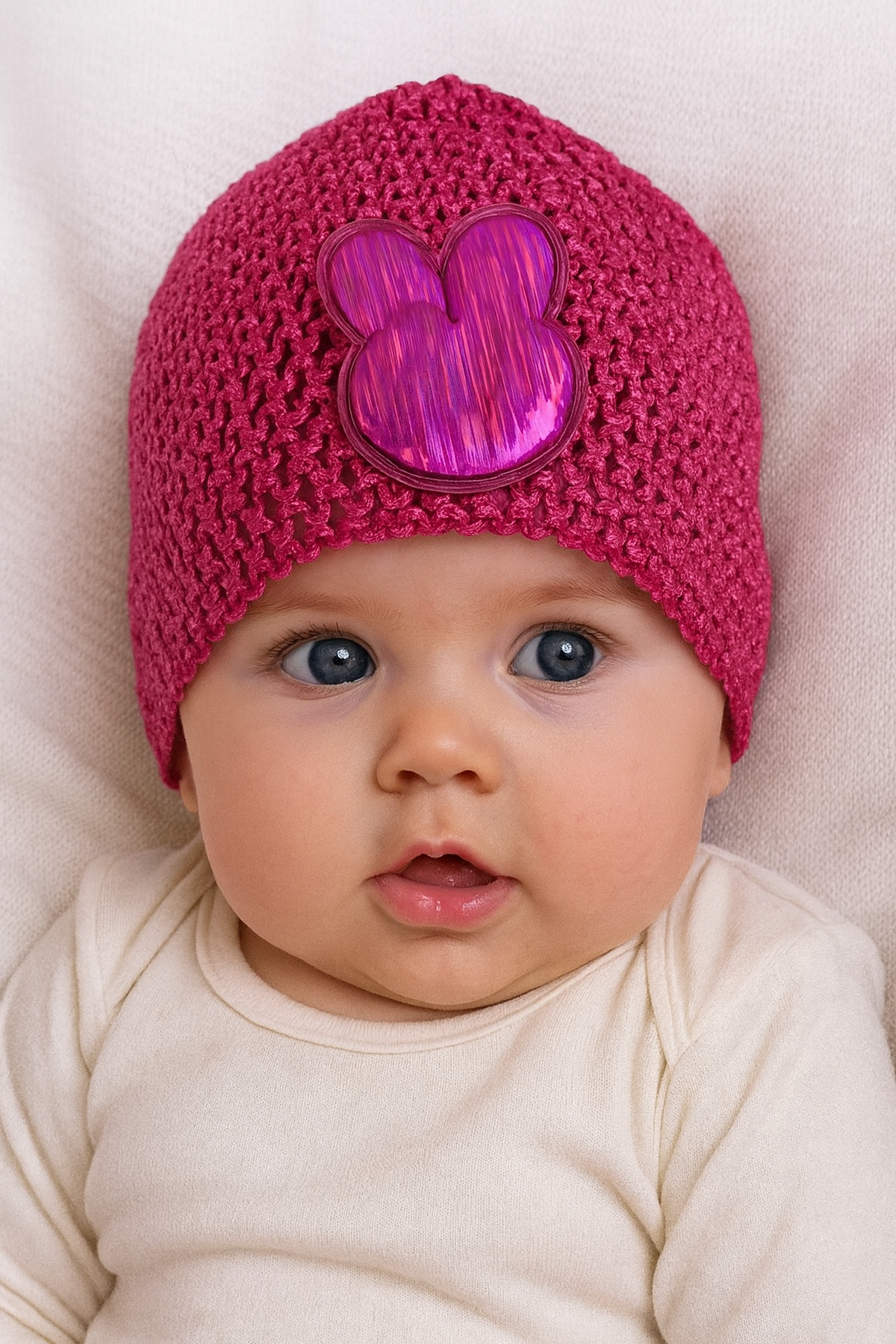 Fuşya Renk Tavşan Figürlü Örgü Detaylı Bebek Saç Bandı/ Saç Bonesi