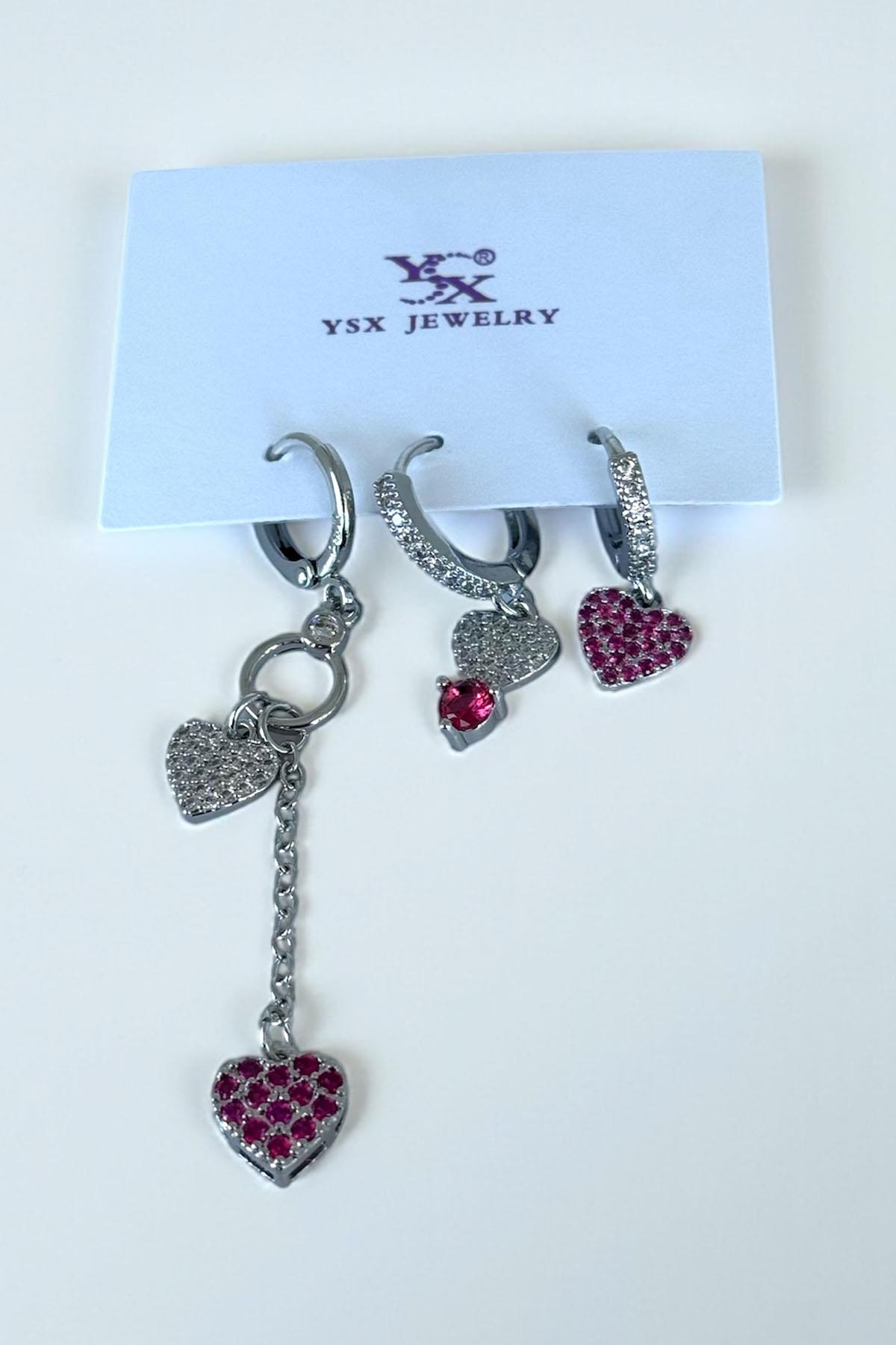 Gümüş Renk Kalp Figürlü Taş Detaylı 6'lı YSX Küpe Set