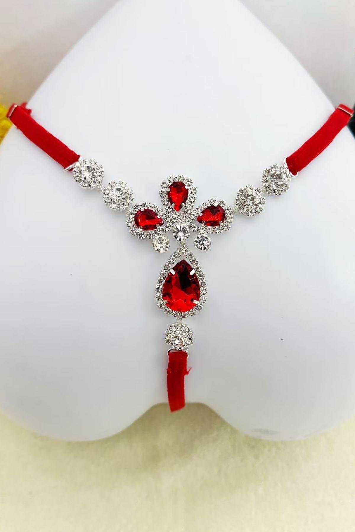 Kırmızı Renk Taş Detaylı Tanga