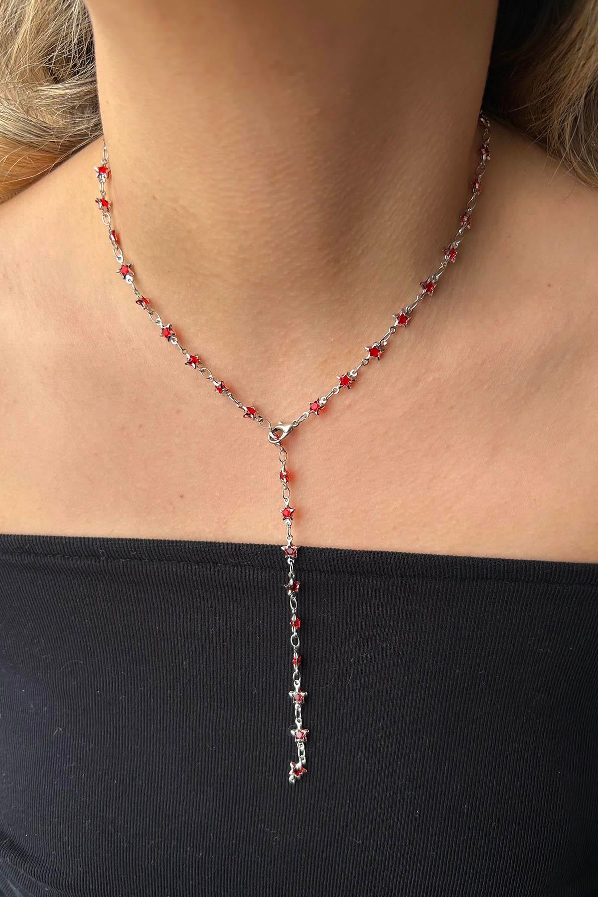 Altın Renk Kırmızı Taşlı Yıldız Figürlü Çelik Y Kolye