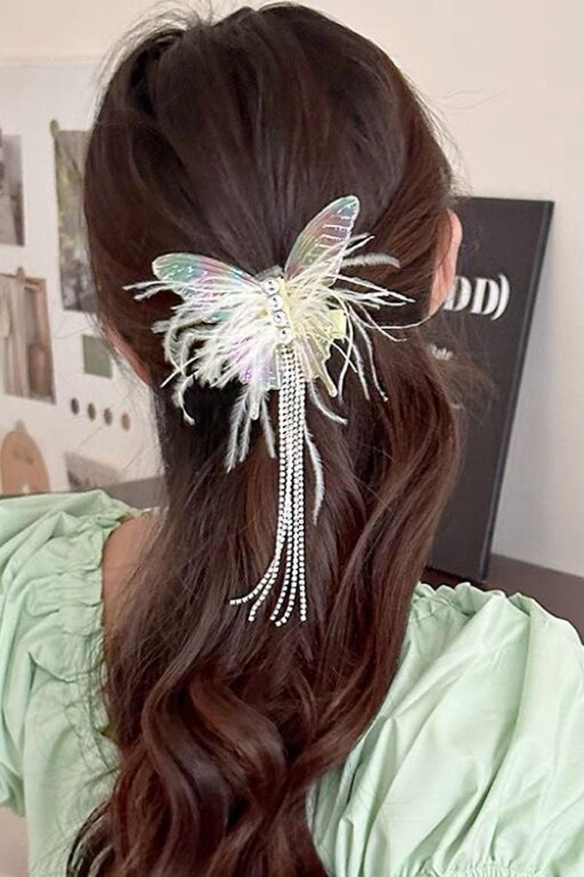 Şeffaf Renk Kelebek Figürlü Taş Detaylı Yan Toka