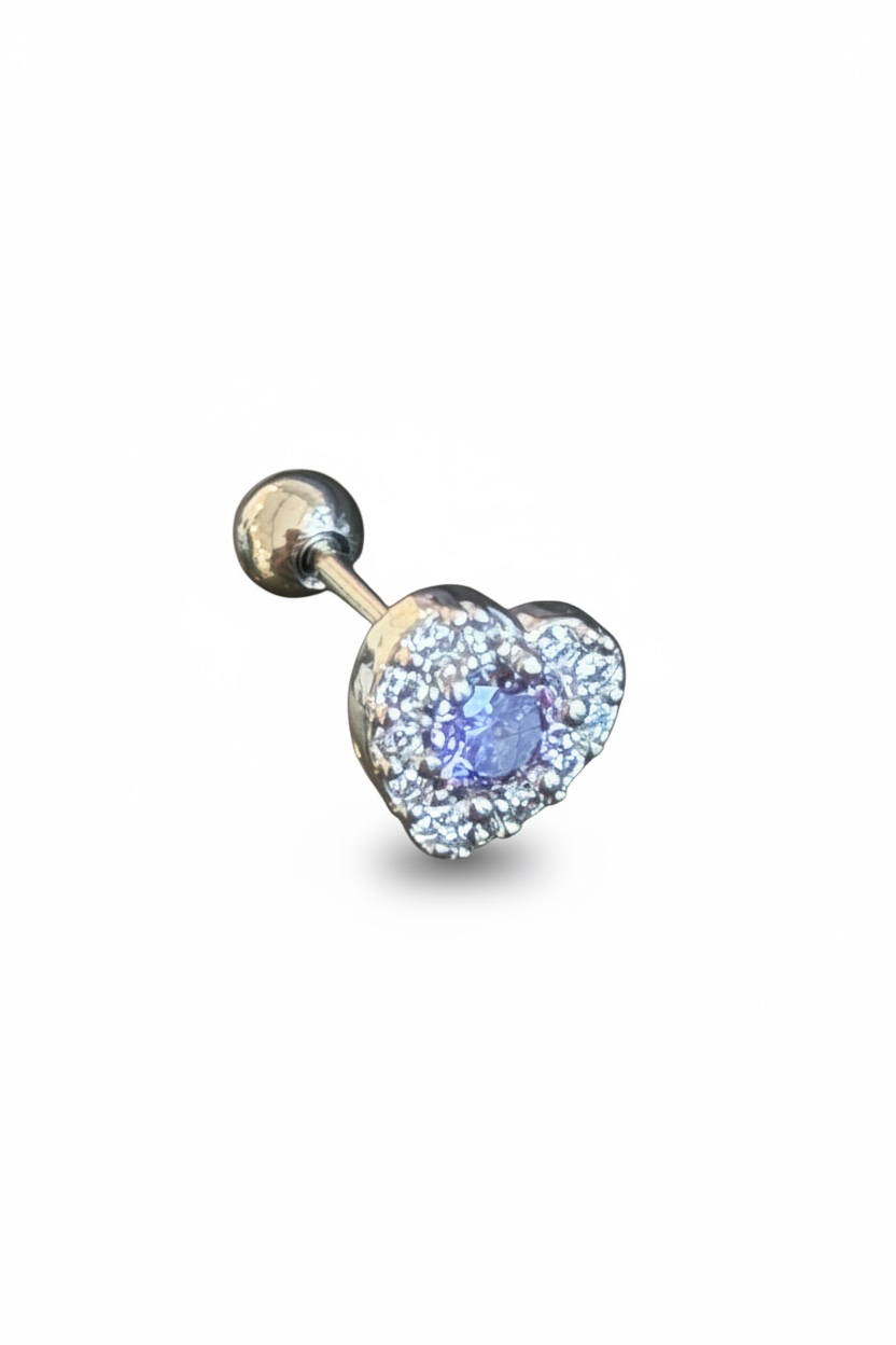 Gümüş Renk Kalp Figürlü Taşlı Cerrahi Çelik Tragus/Kıkırdak Küpe/Piercing (Tek)