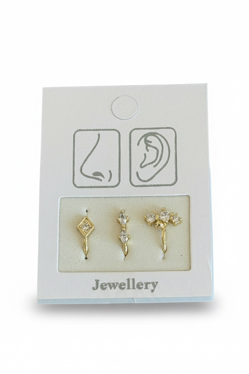 Altın Renk Karışık Figürlü Deliksiz Kulak/Burun 3'lü Piercing Set