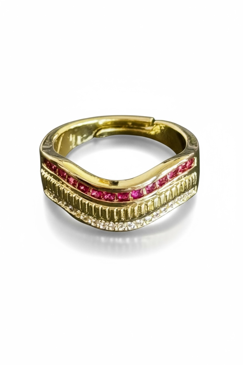 Altın Ve Pembe Renk Taş Detaylı 14K Altın Kaplama Ayarlanabilir Yüzük