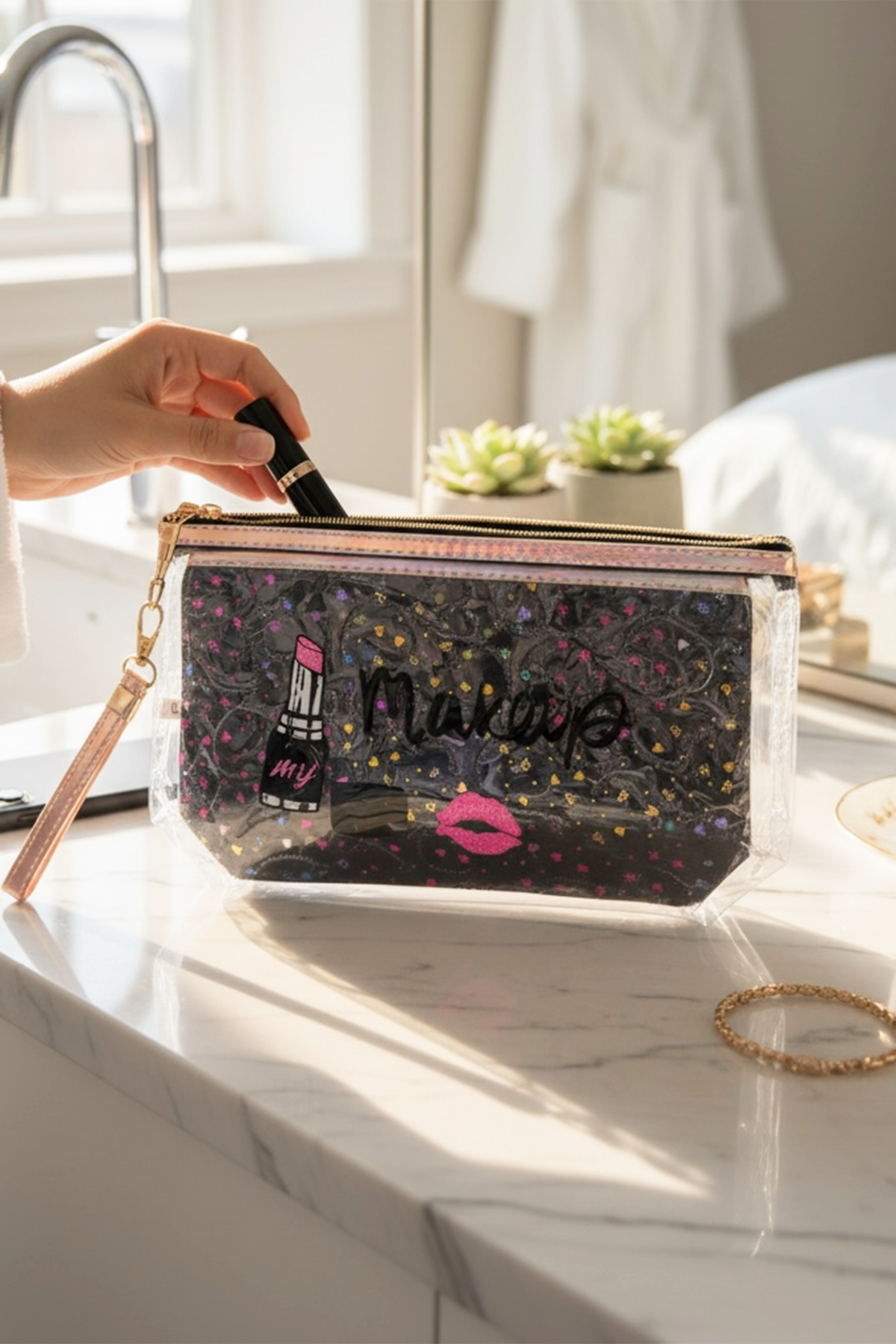 Siyah Renk Makeup Yazılı Makyaj Çantası