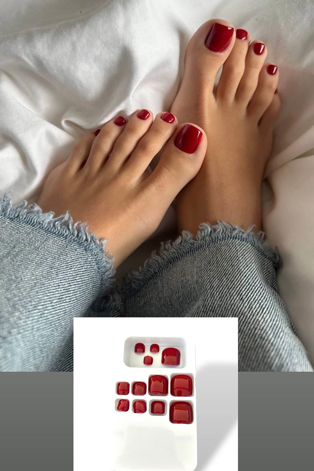 12'li Bordo Renk Ayak Takma Tırnak Set (Yapıştırıcılı)