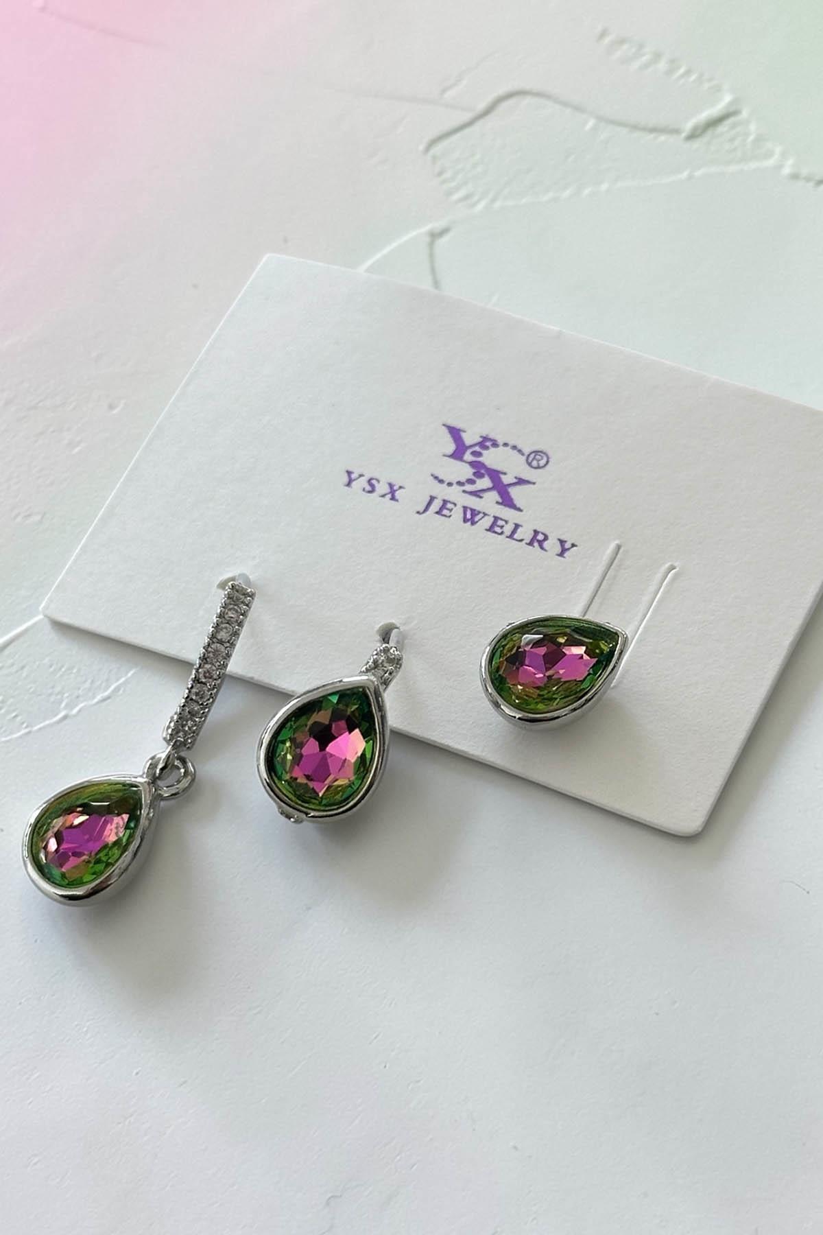 Gümüş Renk Taş Detaylı 3'lü YSX Küpe