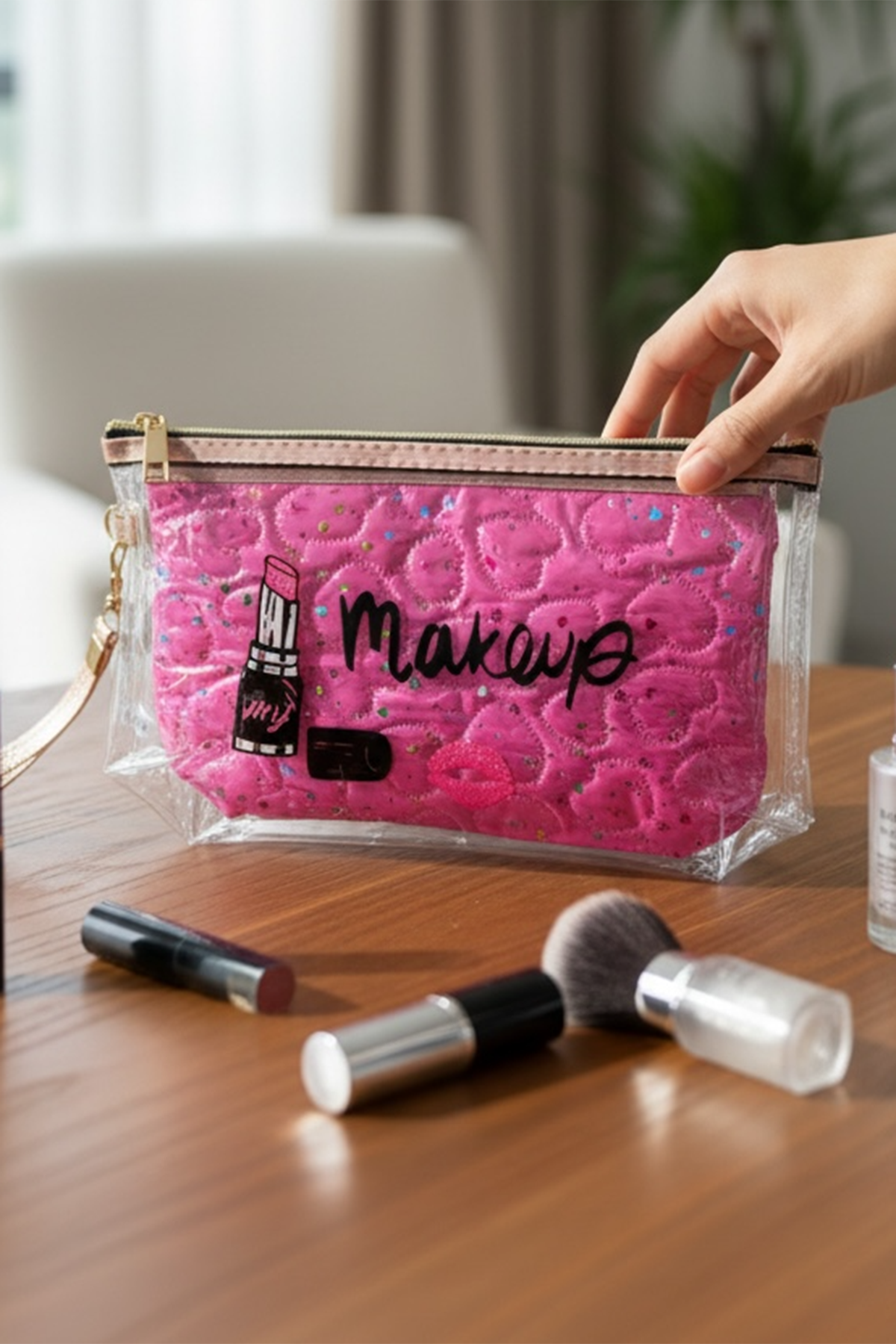Fuşya Renk Makeup Yazılı Makyaj Çantası