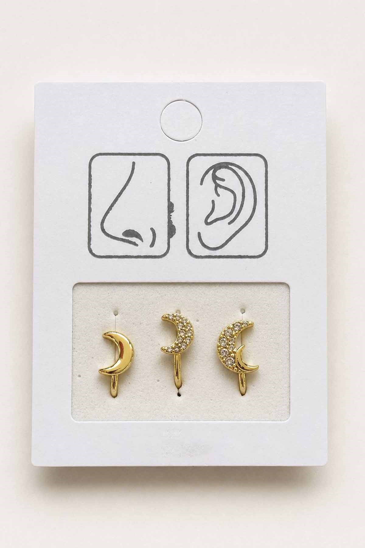 Altın Renk Karışık Figürlü Deliksiz Kulak/Burun 3'lü Piercing Set