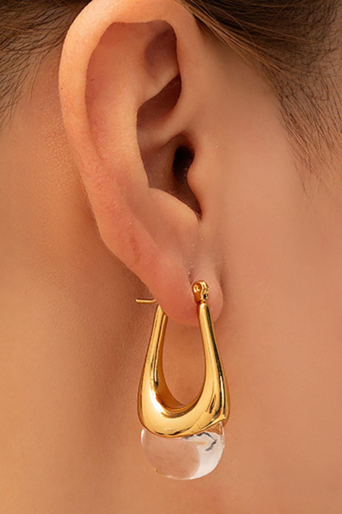 Altın Renk Taş Detaylı Çelik Küpe (Çift)