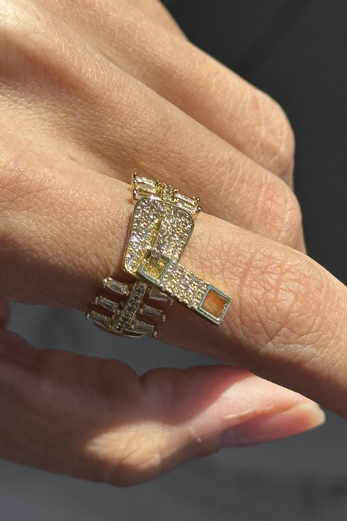 Altın Renk Fermuar Figürlü Ayarlanabilir Yüzük