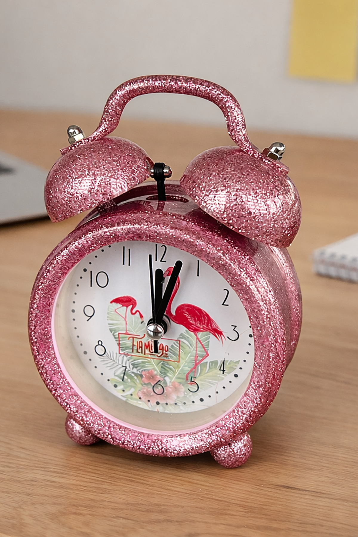 Pembe Renk Simli Mini Dekoratif Işıklı Alarmlı Yuvarlak Masa Saati