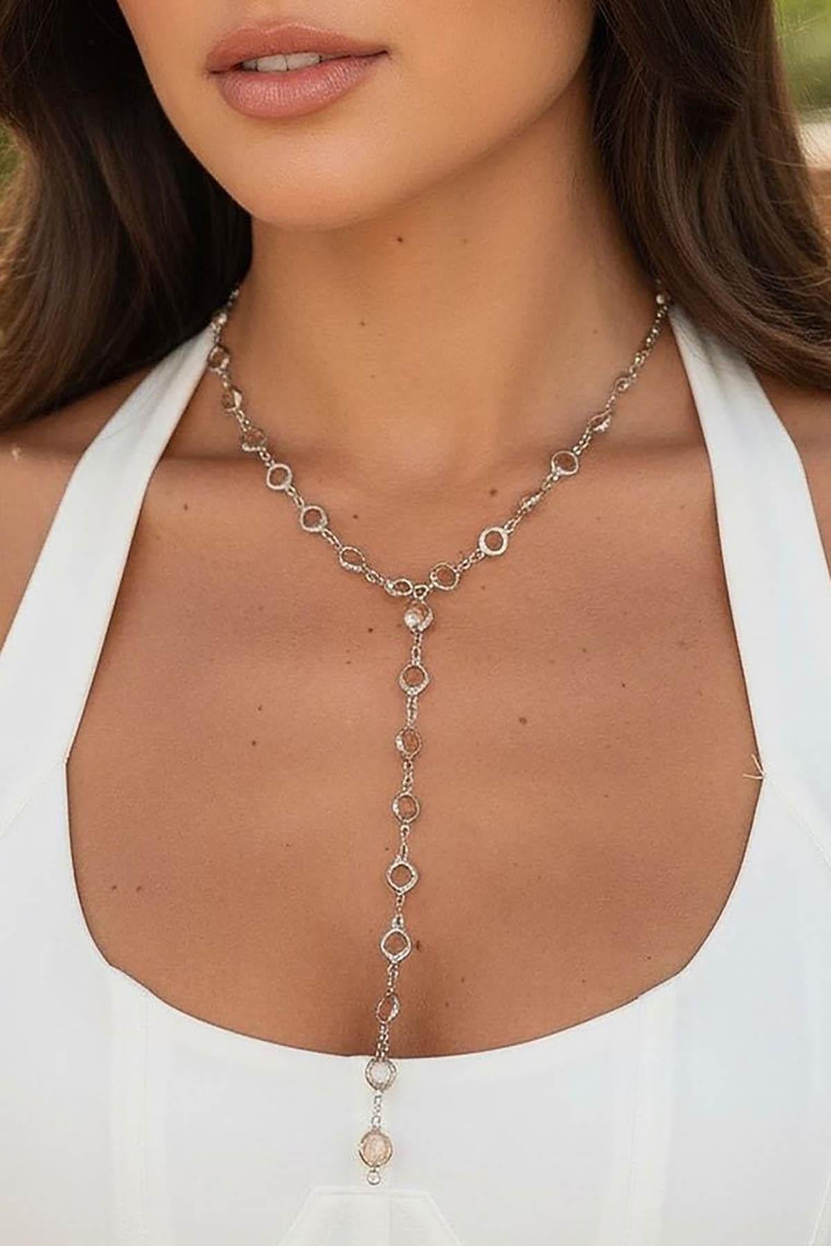 Gümüş Renk Pembe Taşlı Çelik Y Kolye