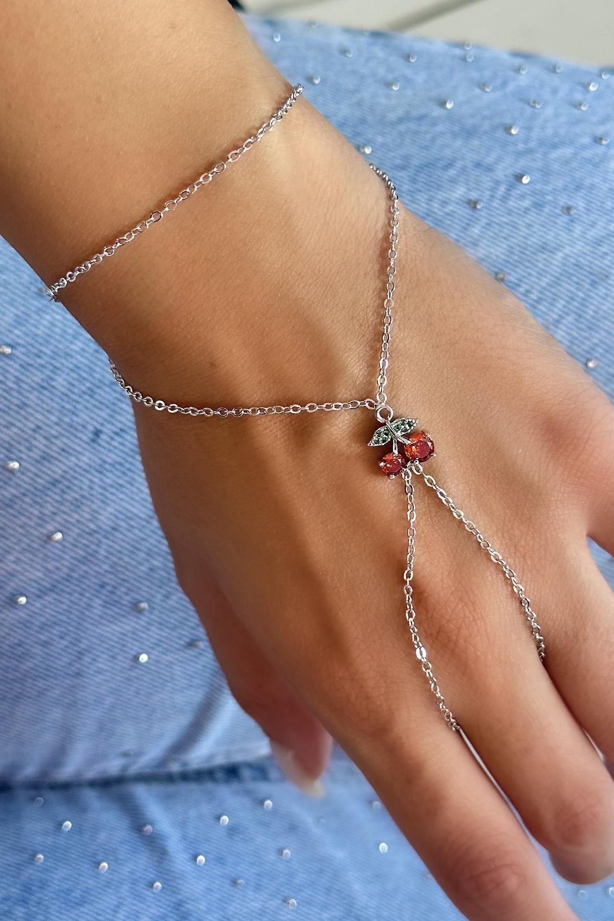 Gümüş Renk Kiraz Figürlü Taş Detaylı Şahmeran